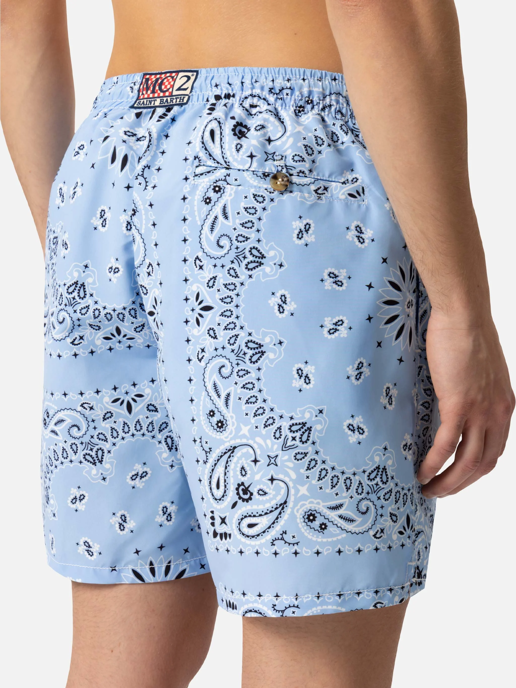 Mid-length swim-shorts Caprese with sky blue bandana print - Image 6