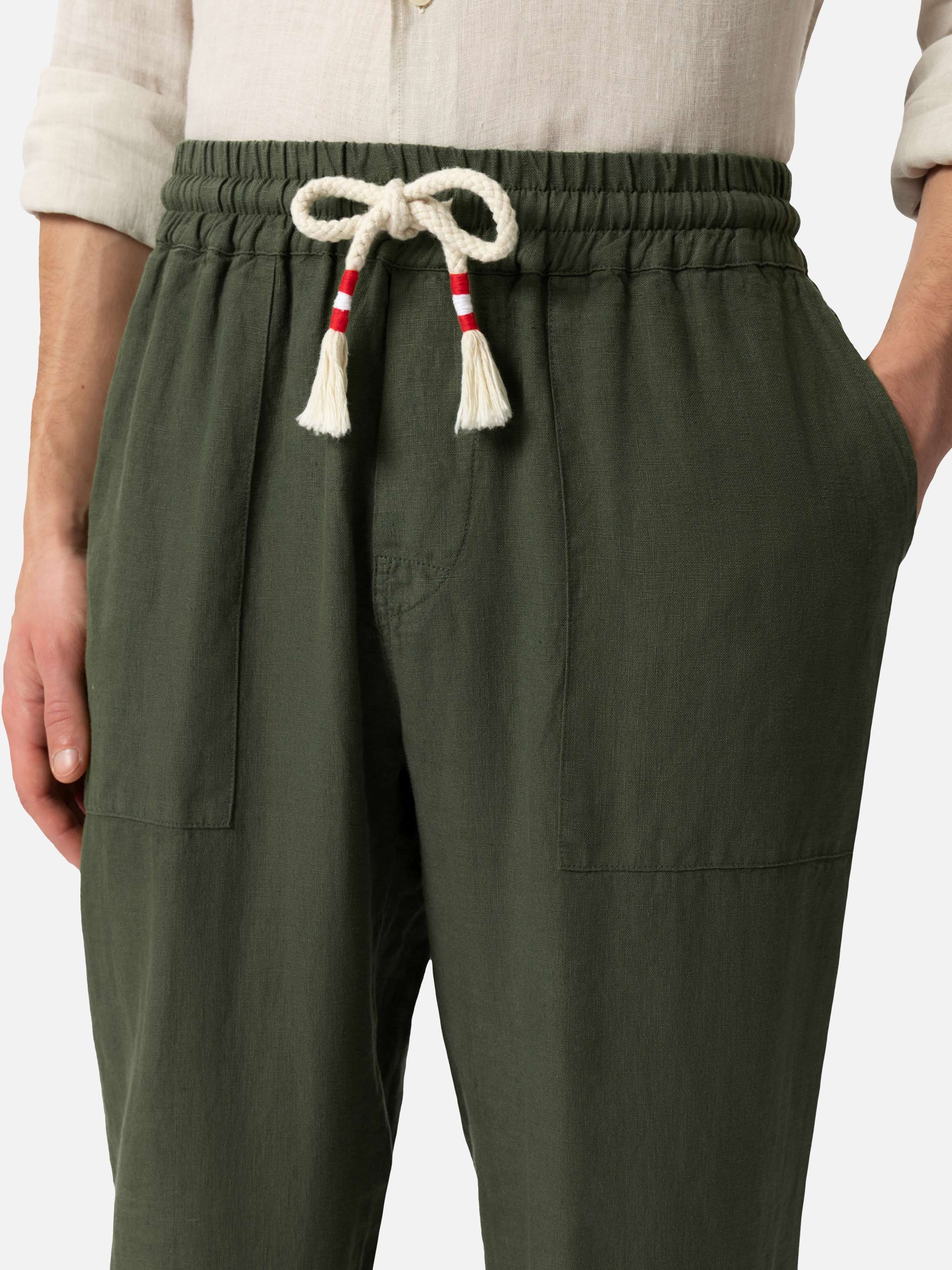 Military green linen pants Calais with drawstring - Image 3