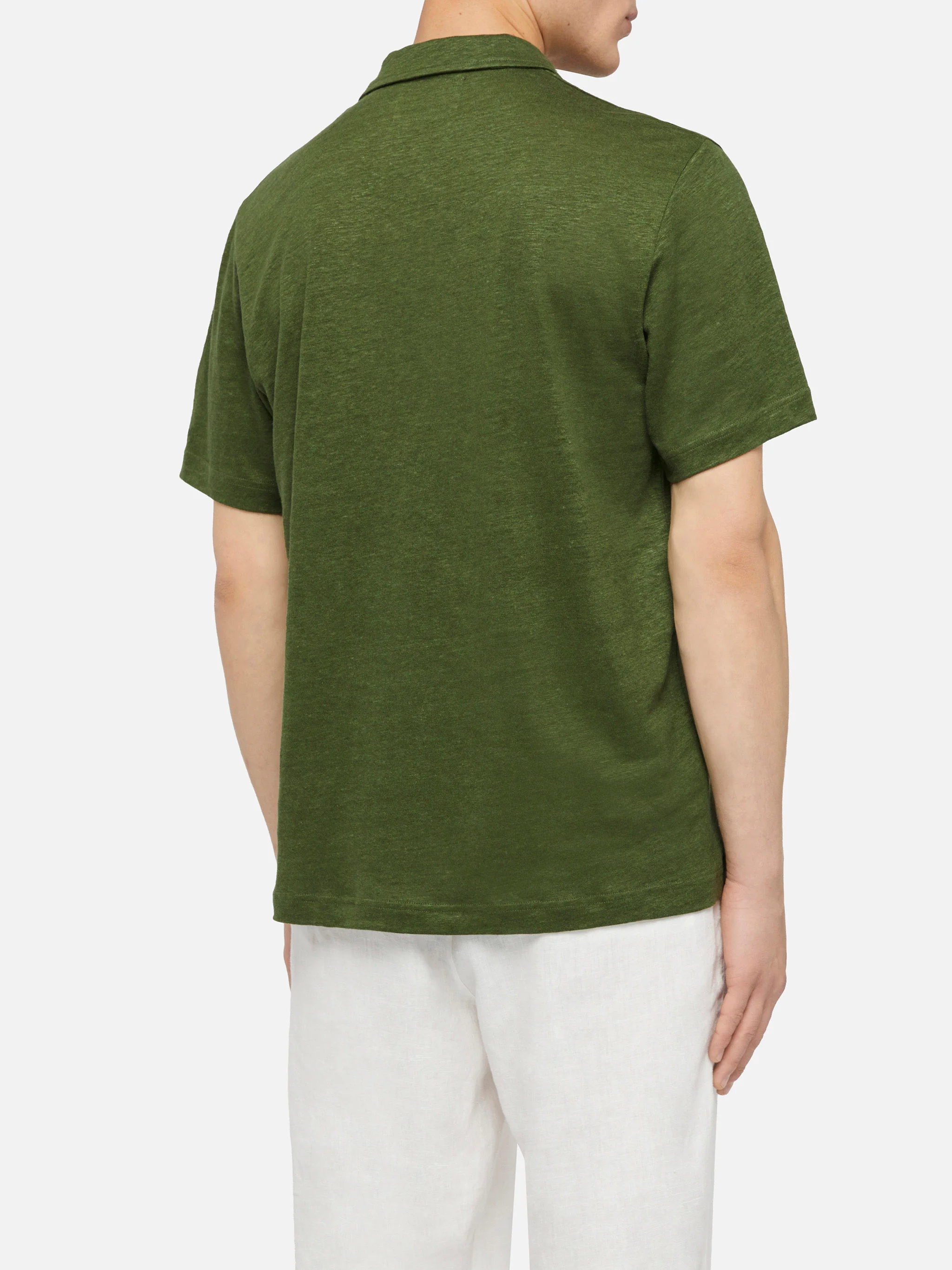 Military green linen buttonless polo shirt Fraser - Image 3
