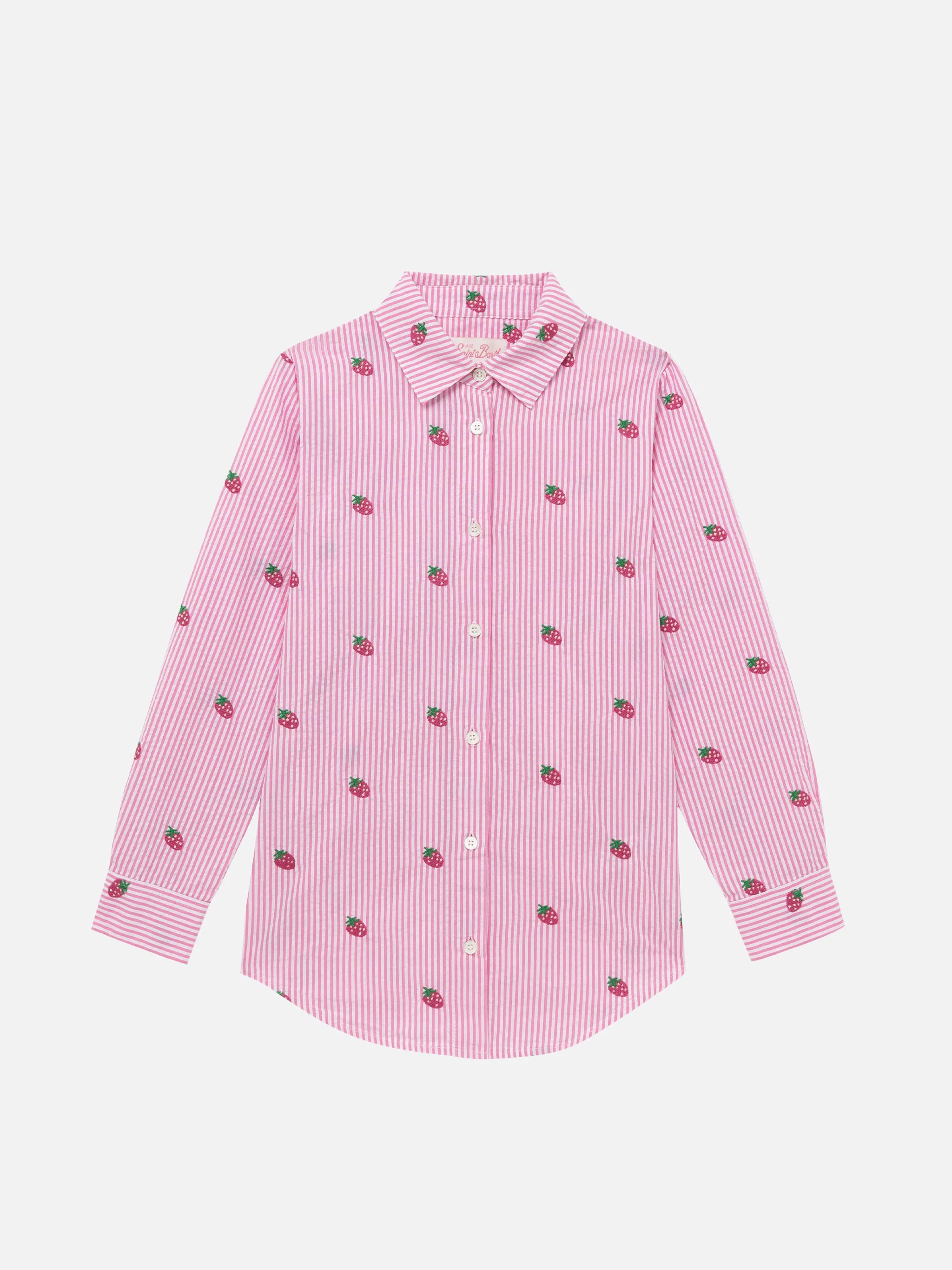 Mini Brigitte pink striped seersucker shirt with strawberry embroidery