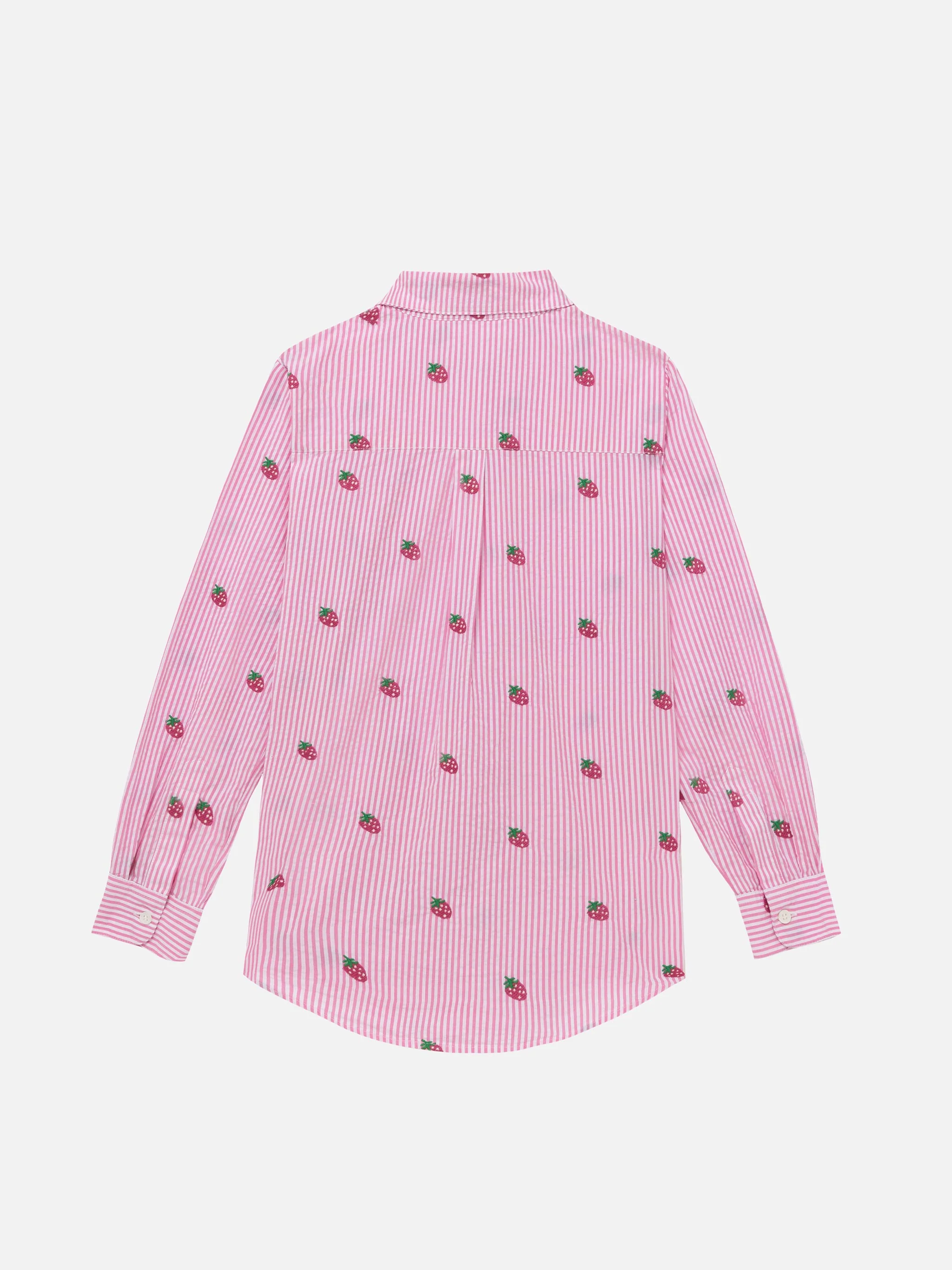 Mini Brigitte pink striped seersucker shirt with strawberry embroidery - Image 2