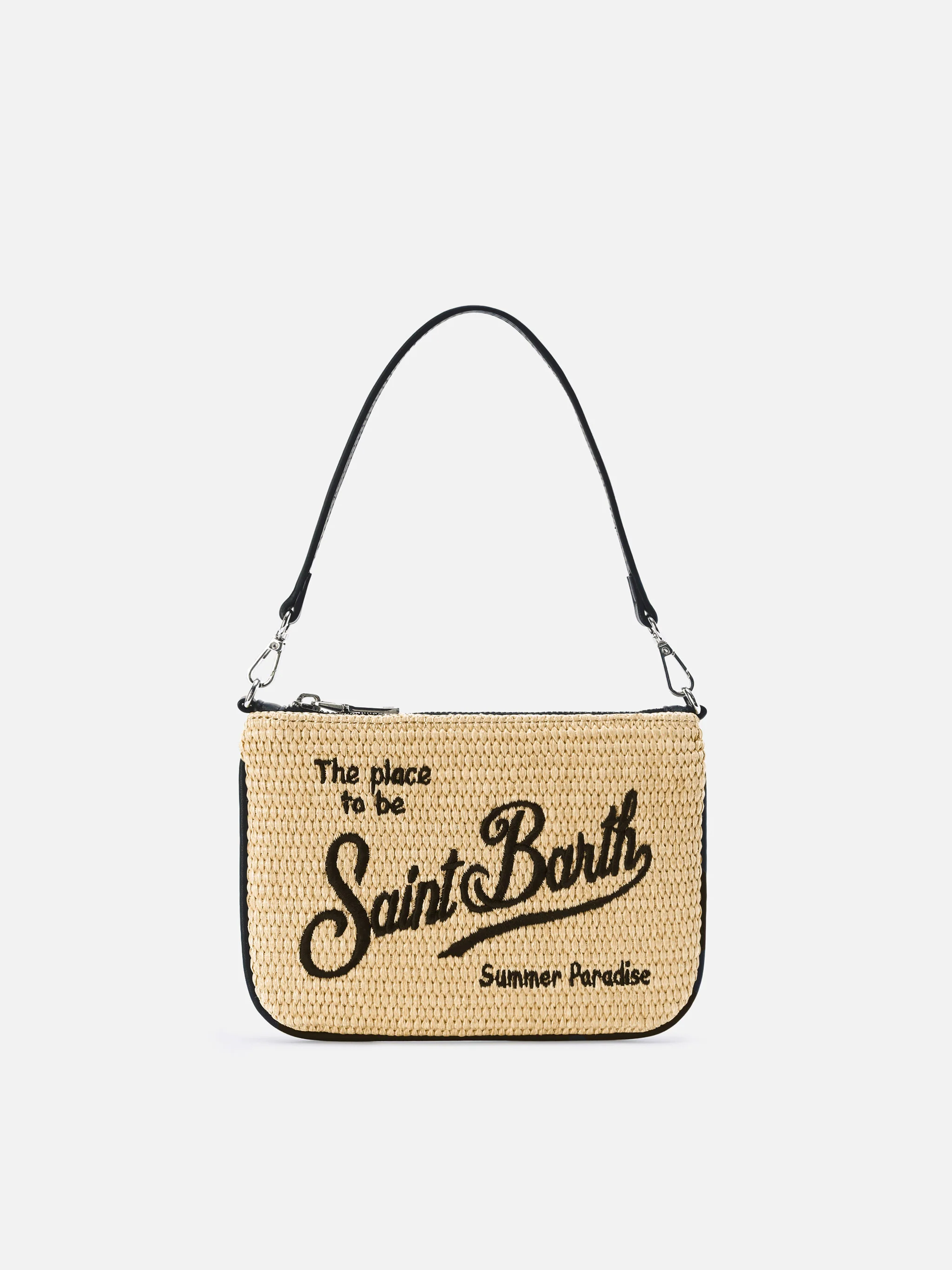 Mini Parisienne straw-effect pouch with black logo embroidery