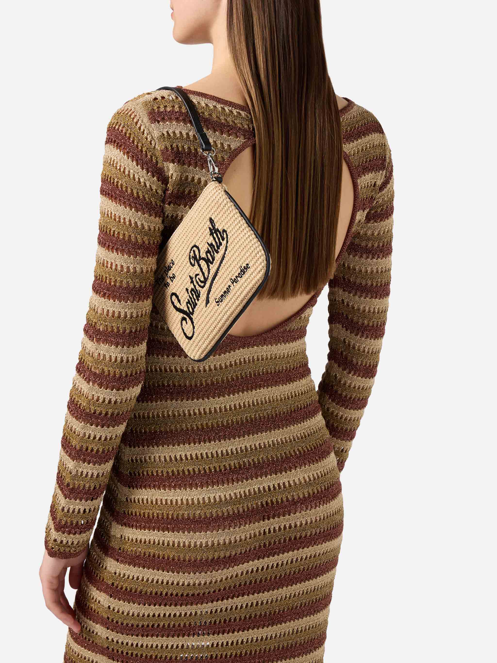 Mini Parisienne straw-effect pouch with black logo embroidery - Image 2