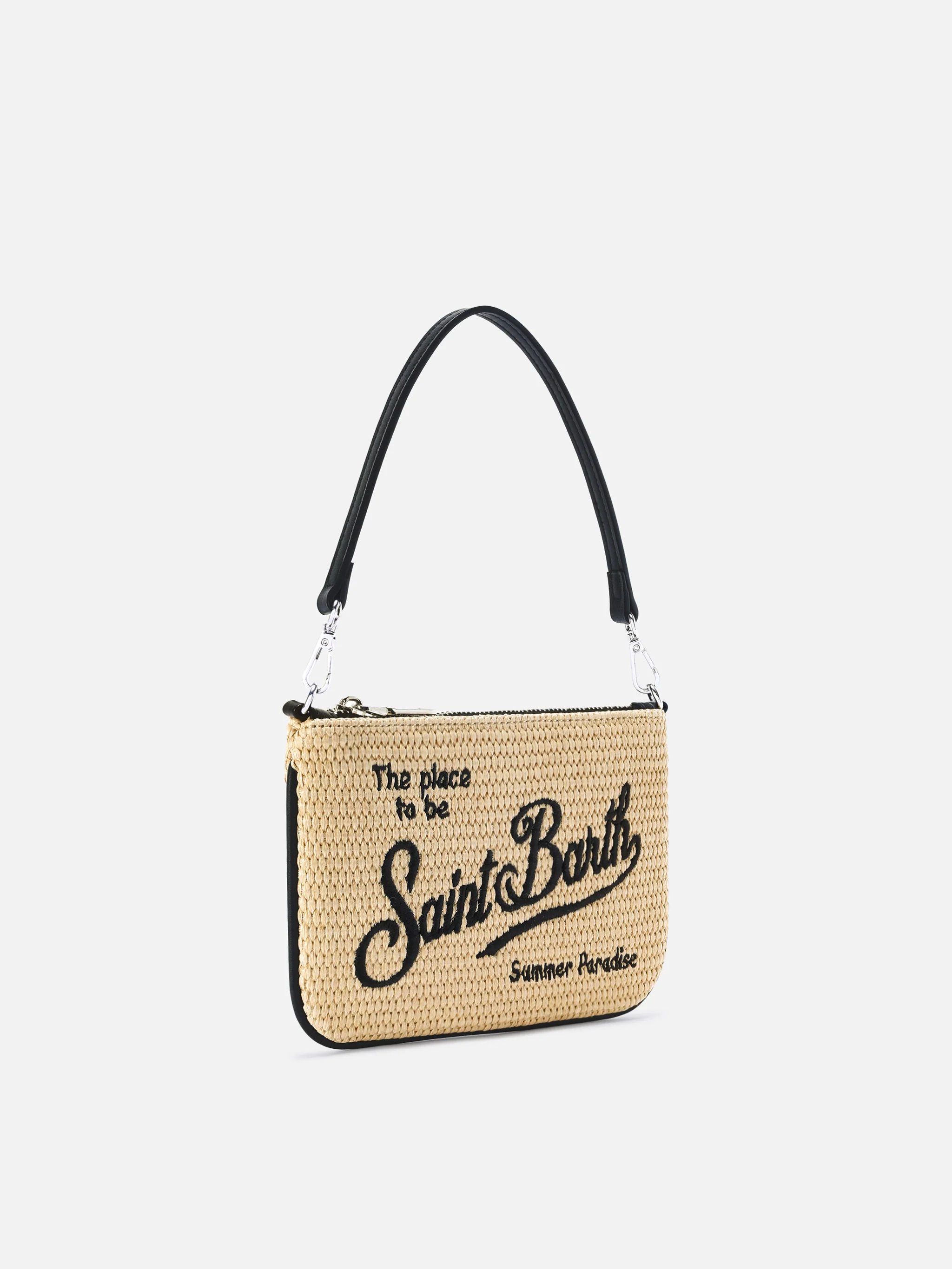 Mini Parisienne straw-effect pouch with black logo embroidery - Image 3