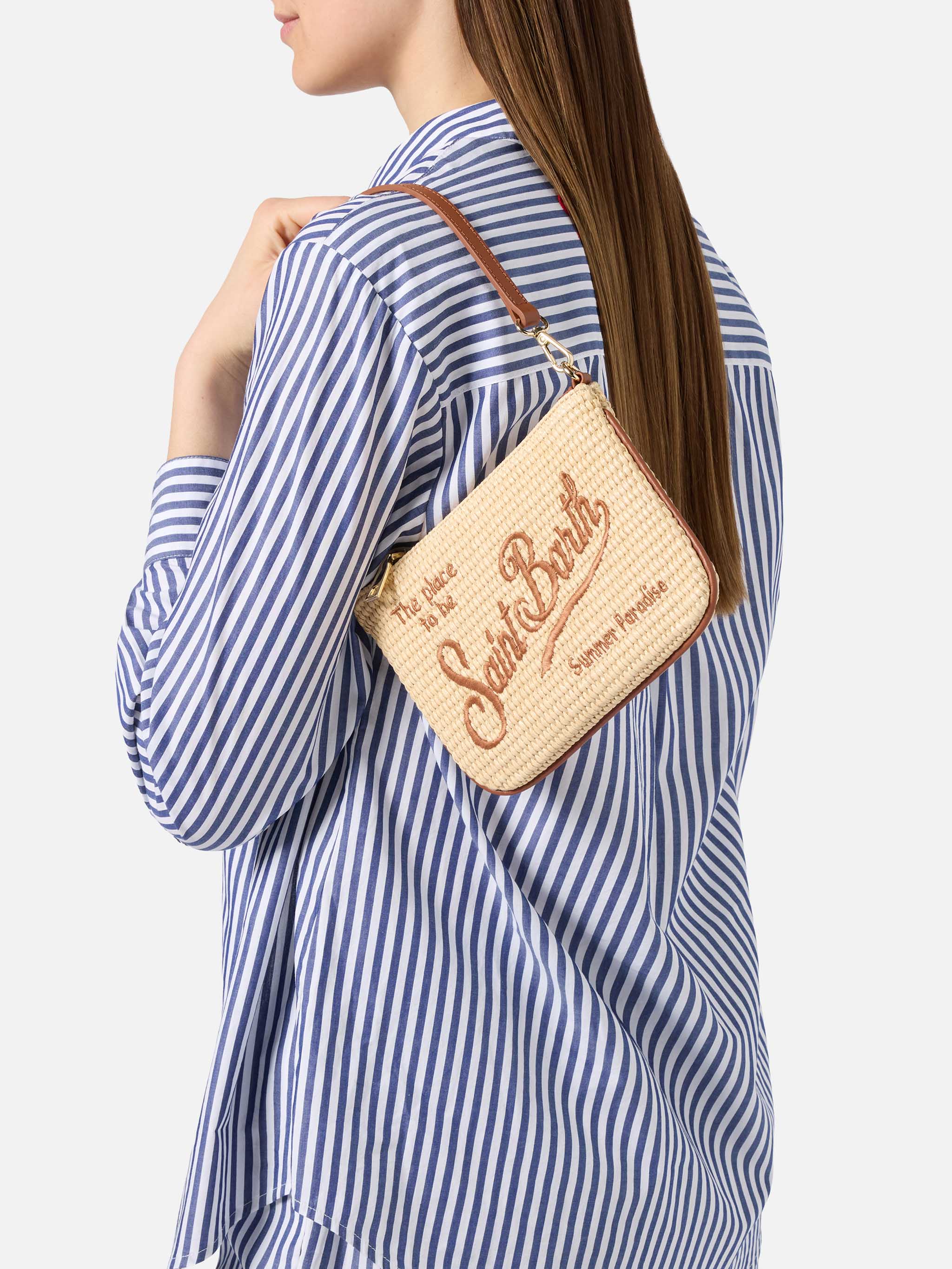 Mini Parisienne straw-effect pouch with brown logo embroidery - Image 2