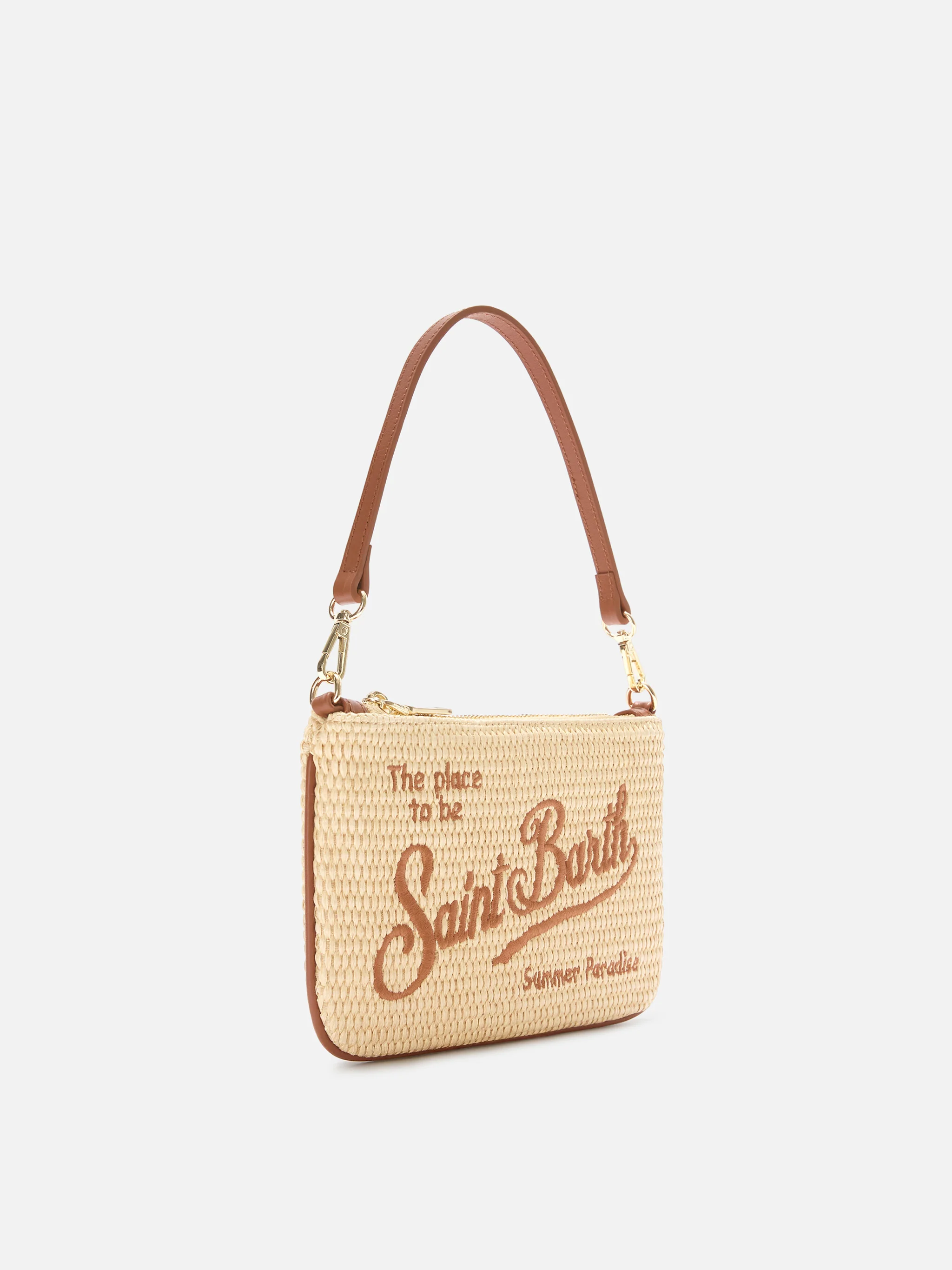 Mini Parisienne straw-effect pouch with brown logo embroidery - Image 3