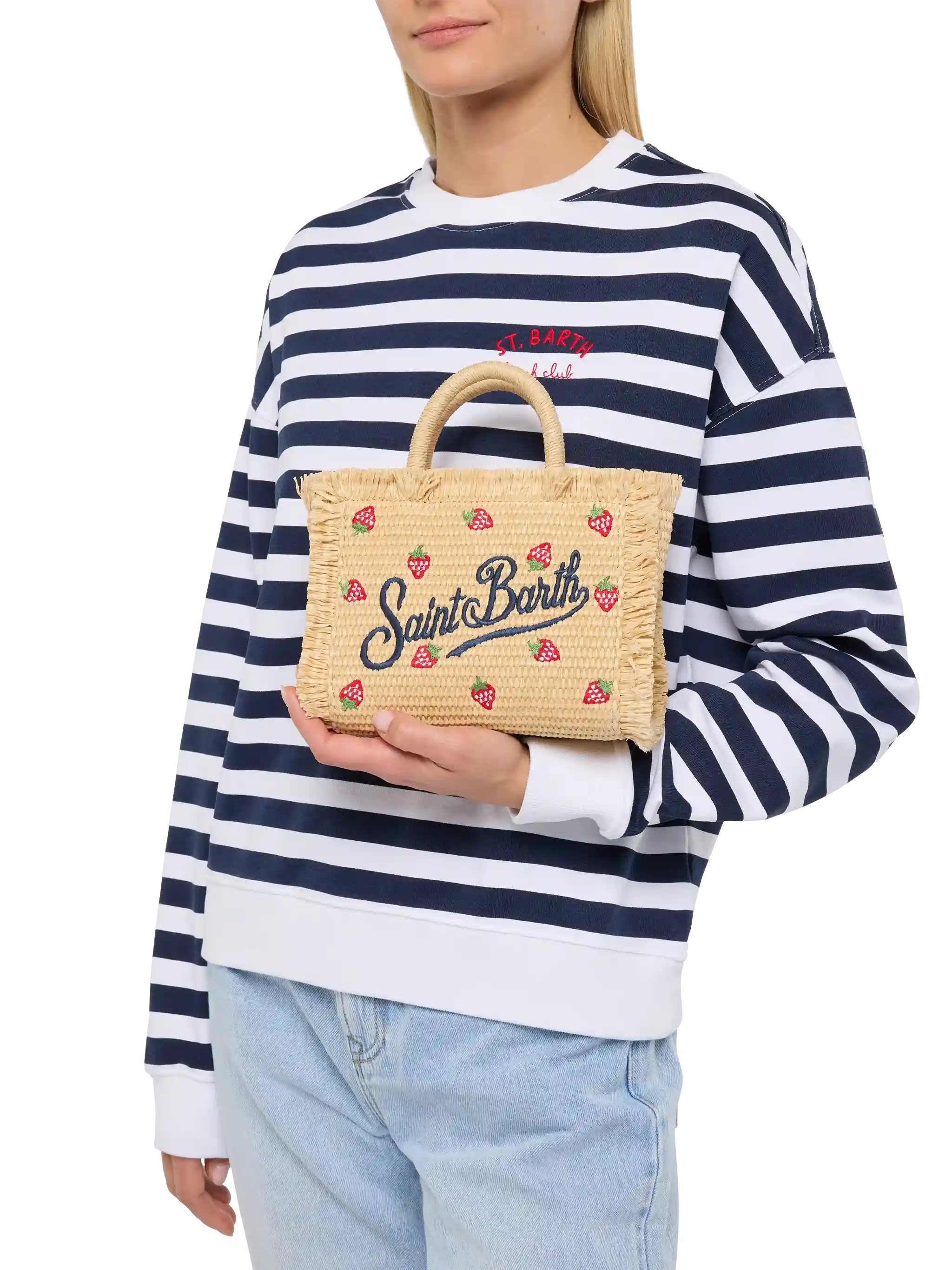 Mini Vanity Straw effect bag with strawberry patch applied - Image 2