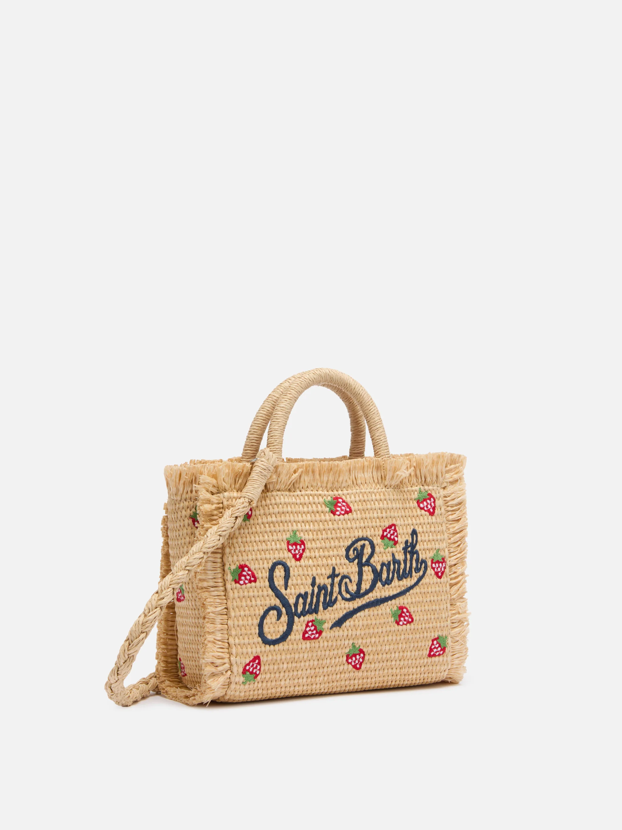 Mini Vanity Straw effect bag with strawberry patch applied - Image 3