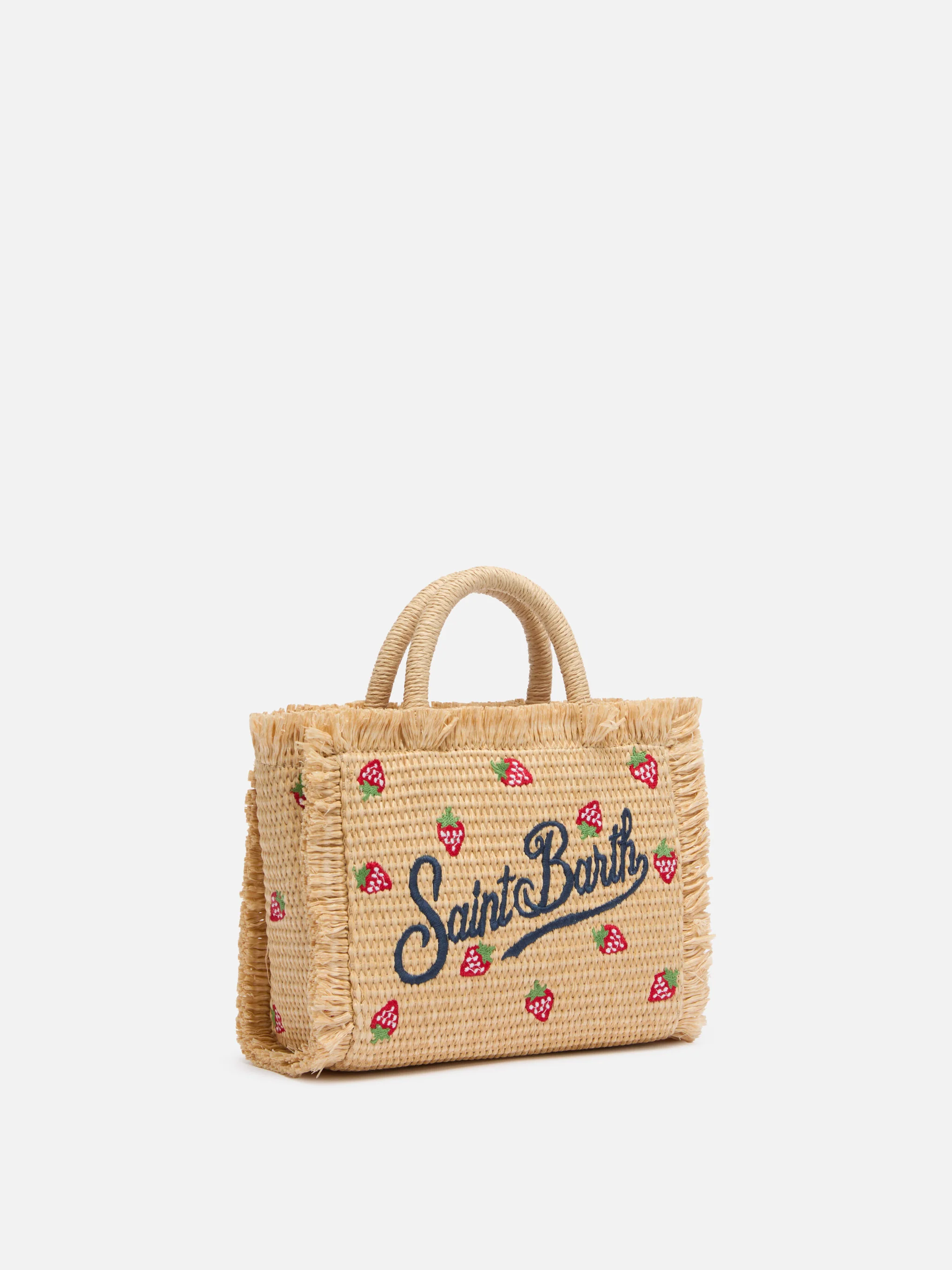 Mini Vanity Straw effect bag with strawberry patch applied - Image 4