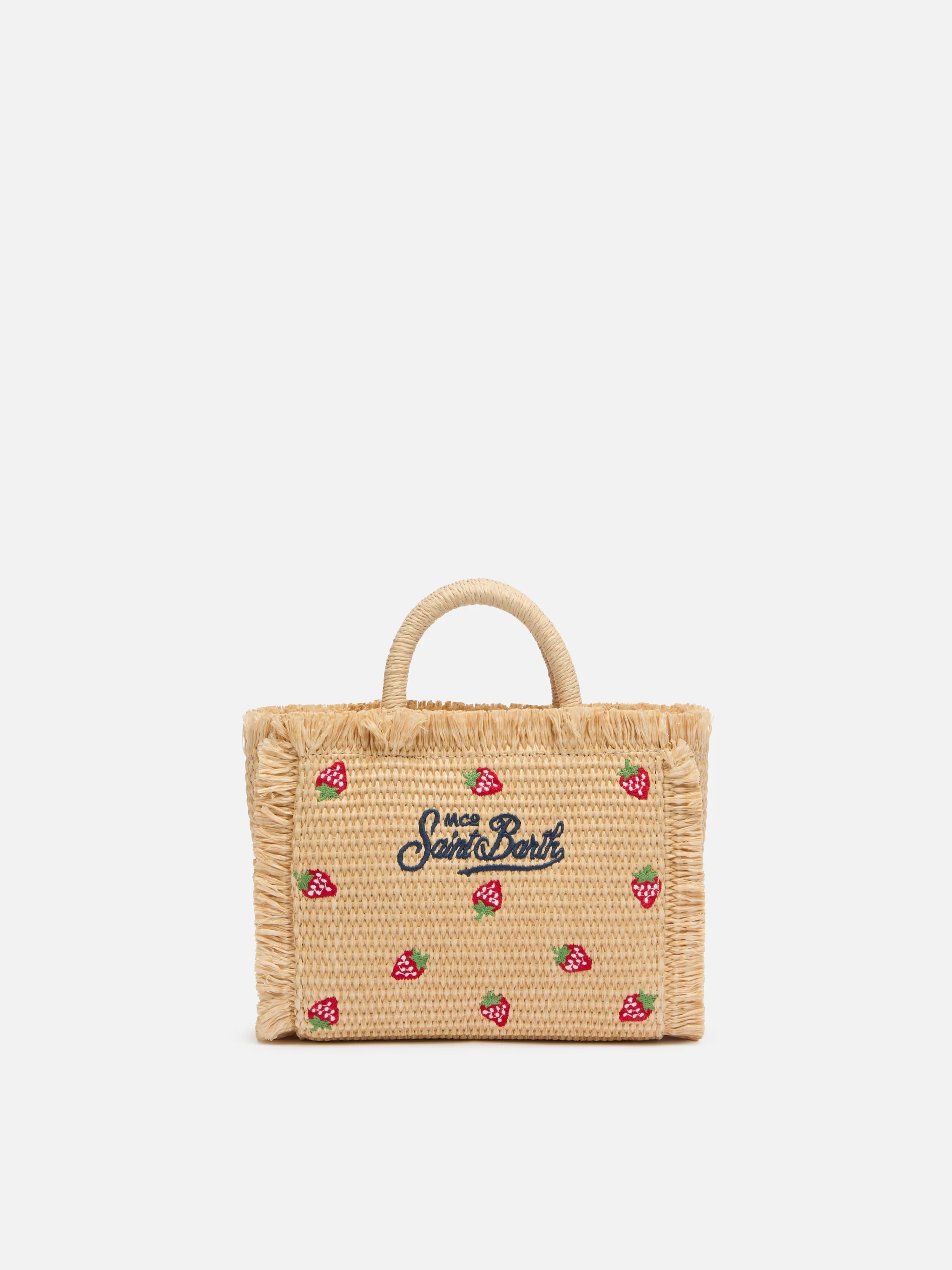 Mini Vanity Straw effect bag with strawberry patch applied - Image 5