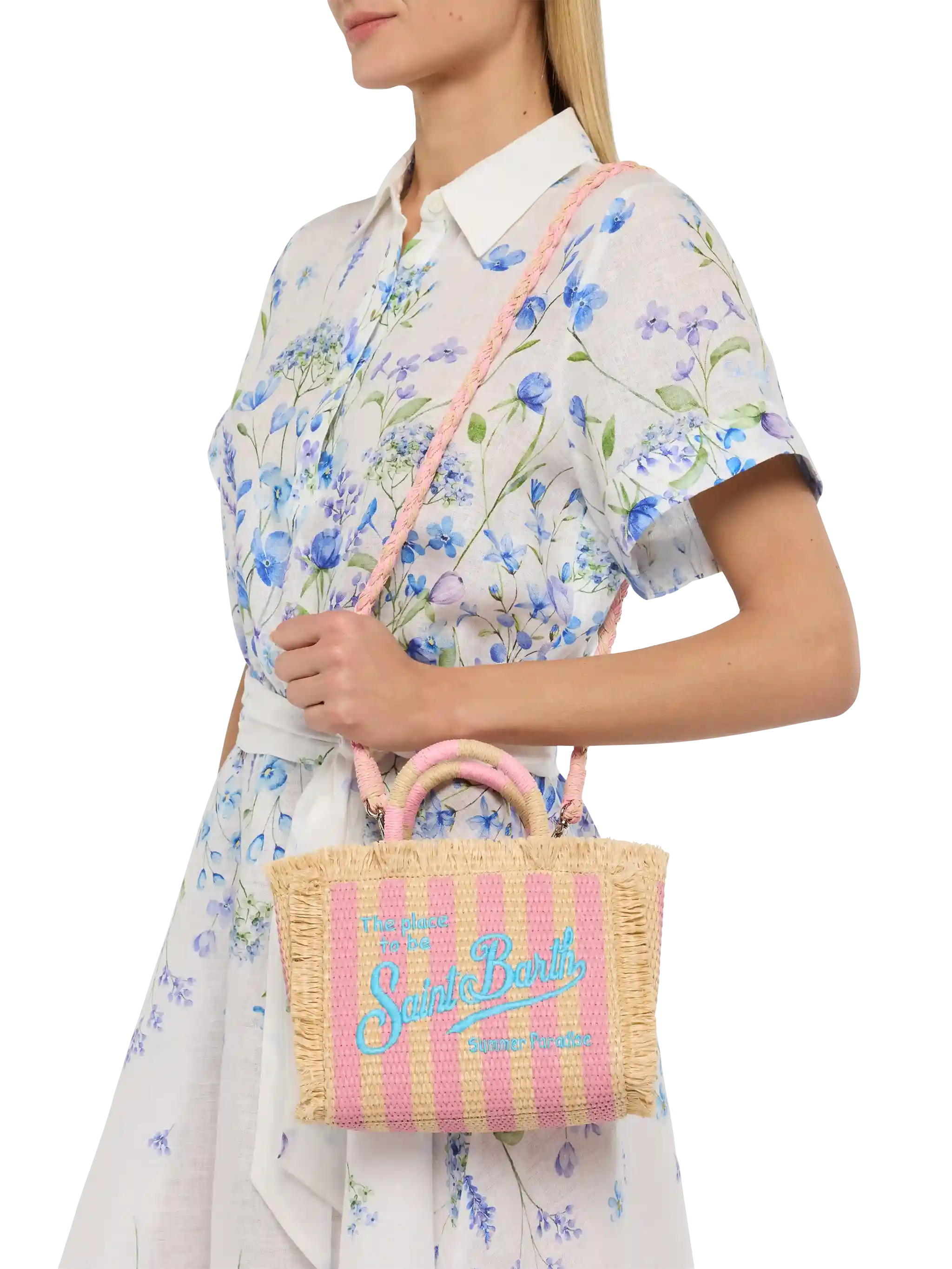 Mini Vanity Straw effect bag with striped print - Image 2