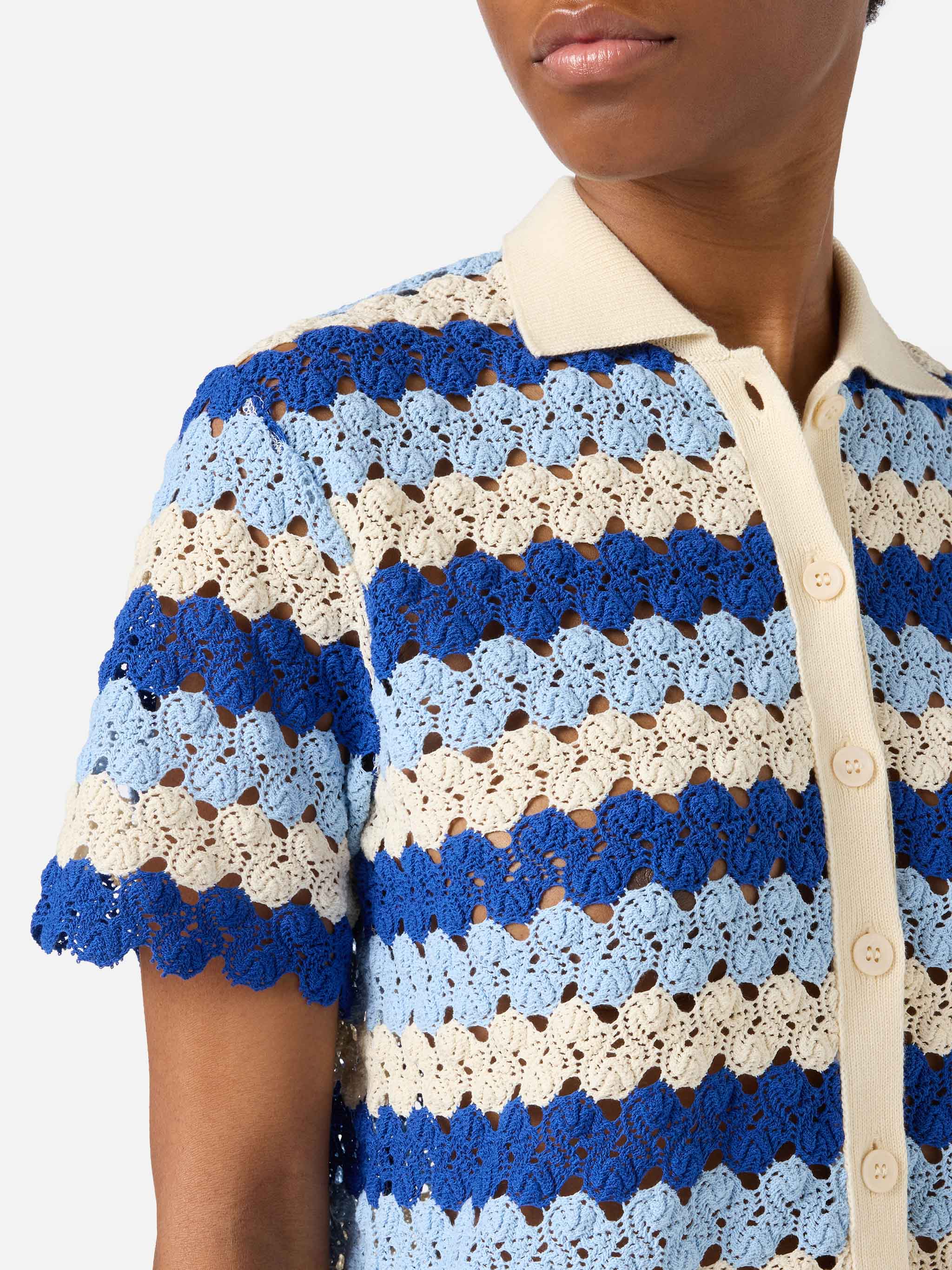 Monet crochet-effect cotton knit polo with striped pattern - Image 2