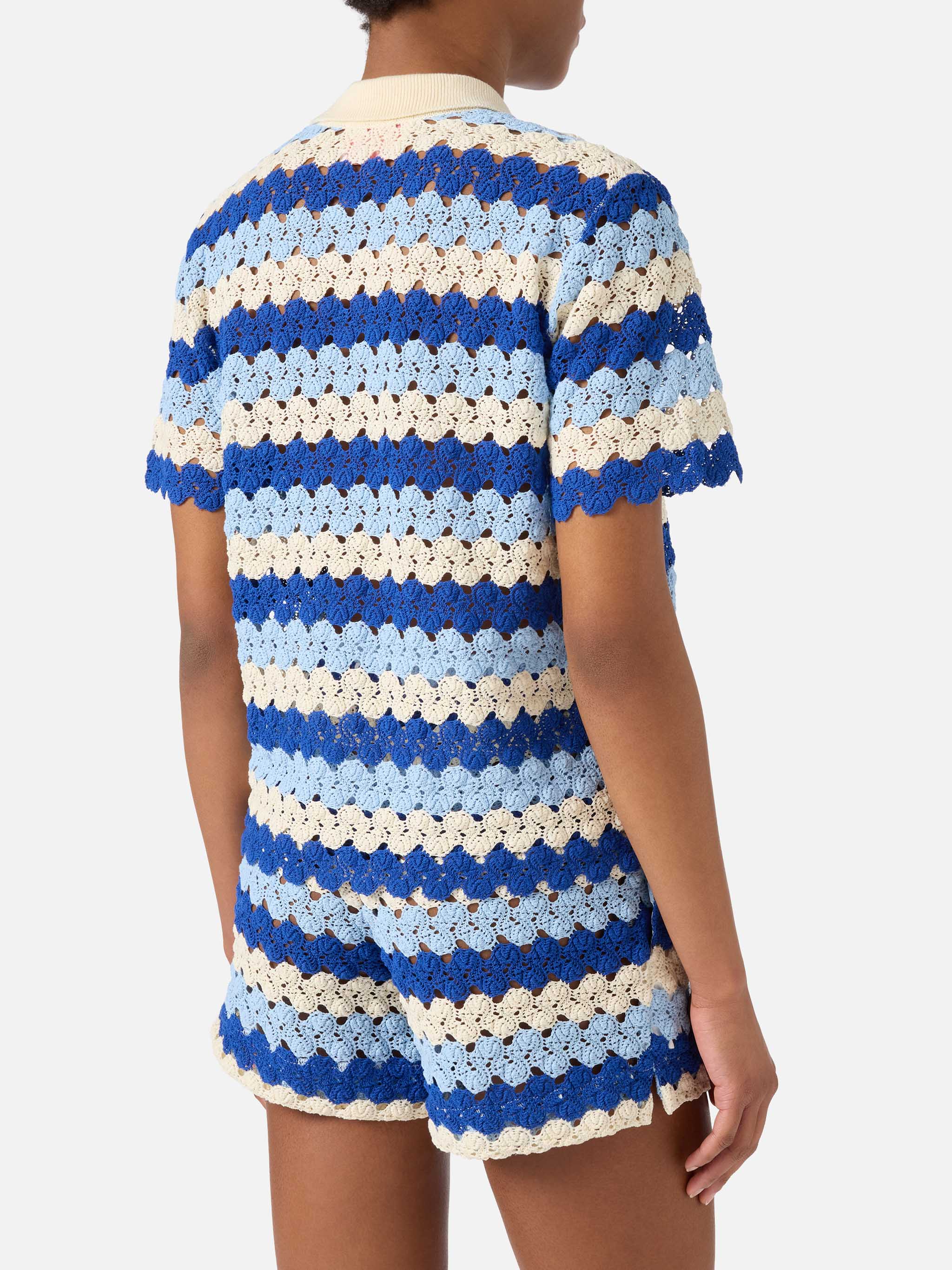 Monet crochet-effect cotton knit polo with striped pattern - Image 3