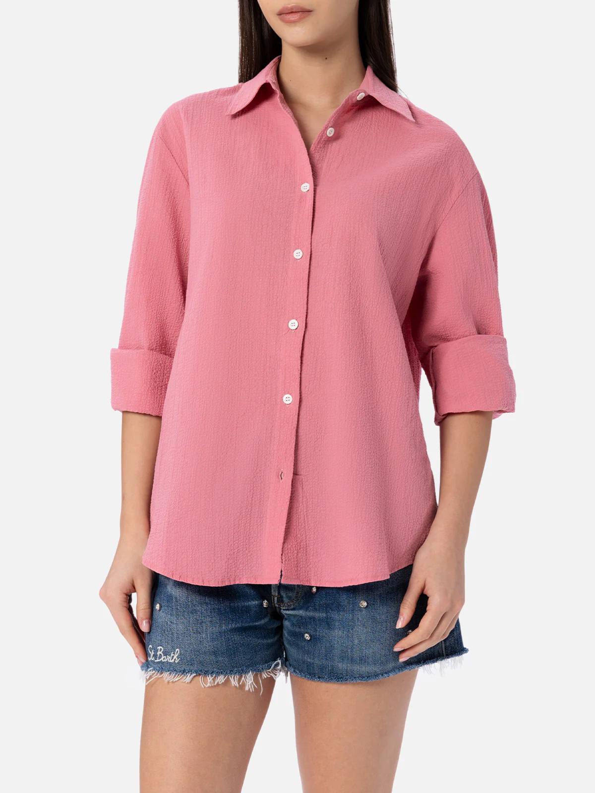 Aisha pink seersucker shirt