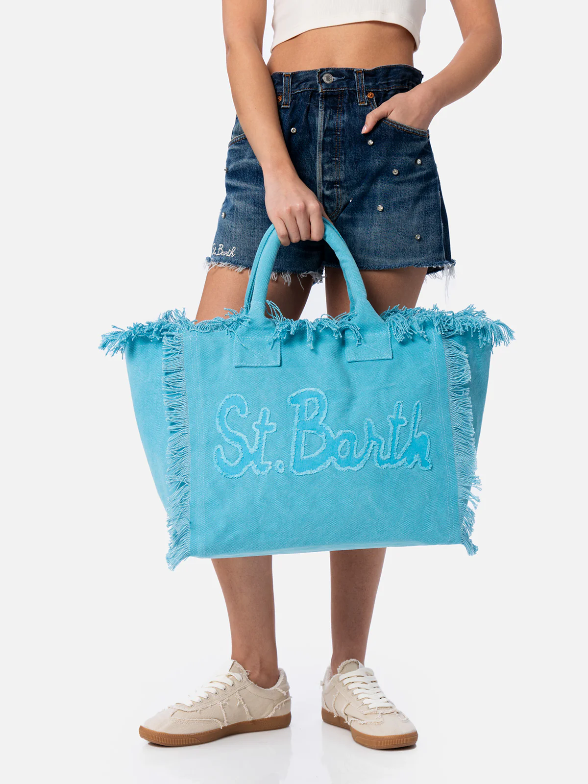 Light blue cotton canvas Vanity tote bag with logo patch - Image 4