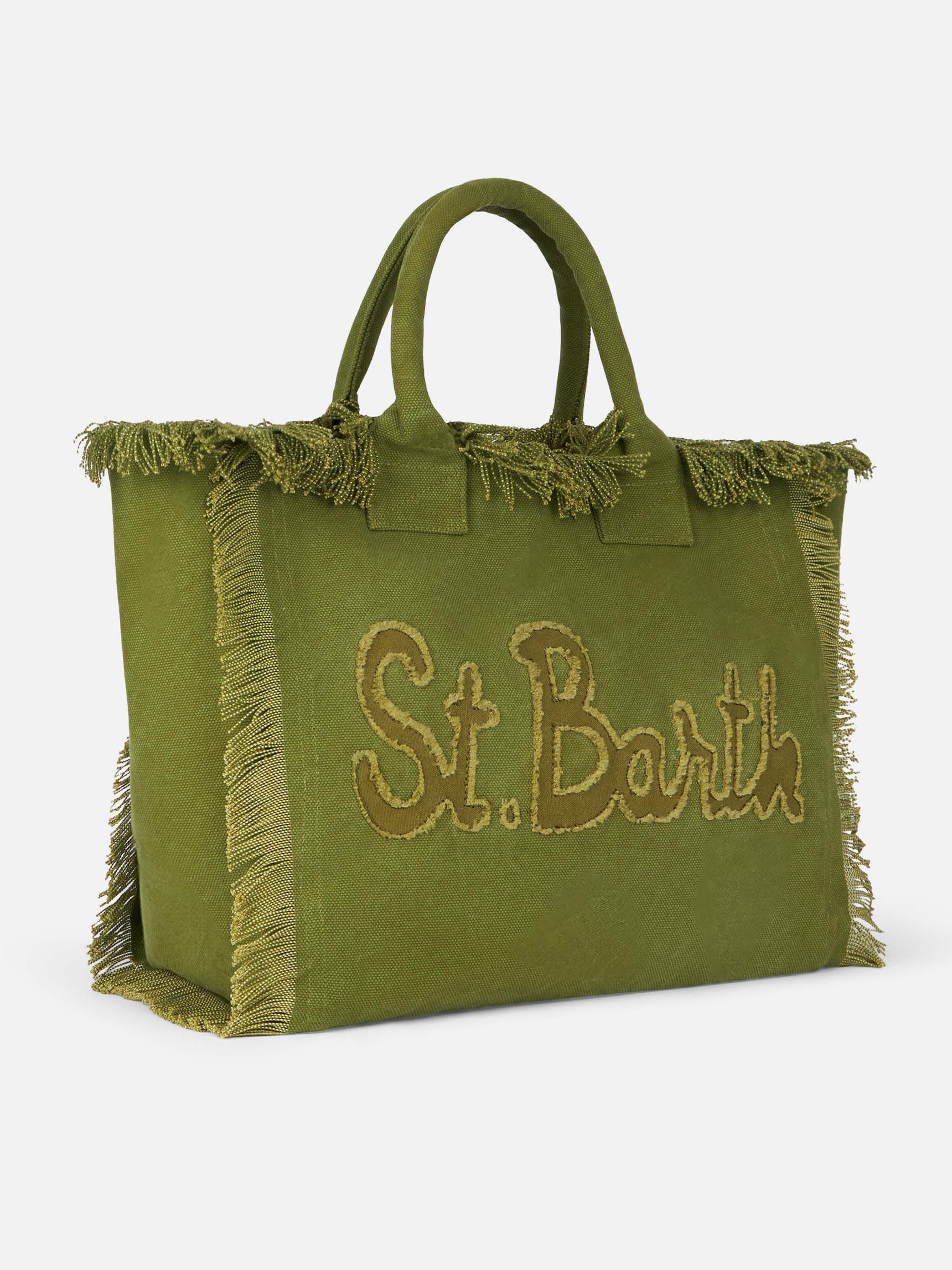 Military green cotton canvas Vanity tote bag with logo patch - Image 3