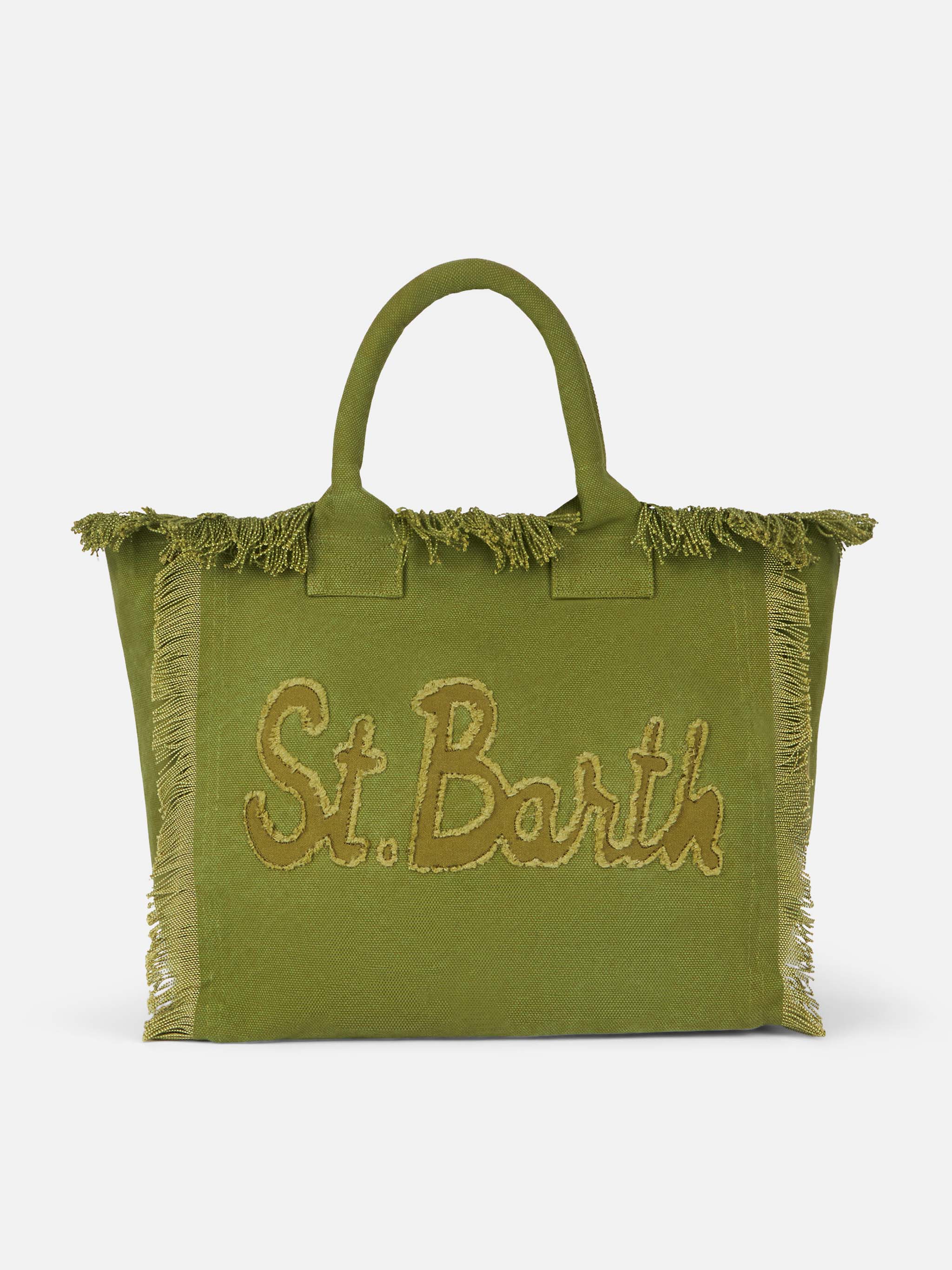 Military green cotton canvas Vanity tote bag with logo patch - Image 4