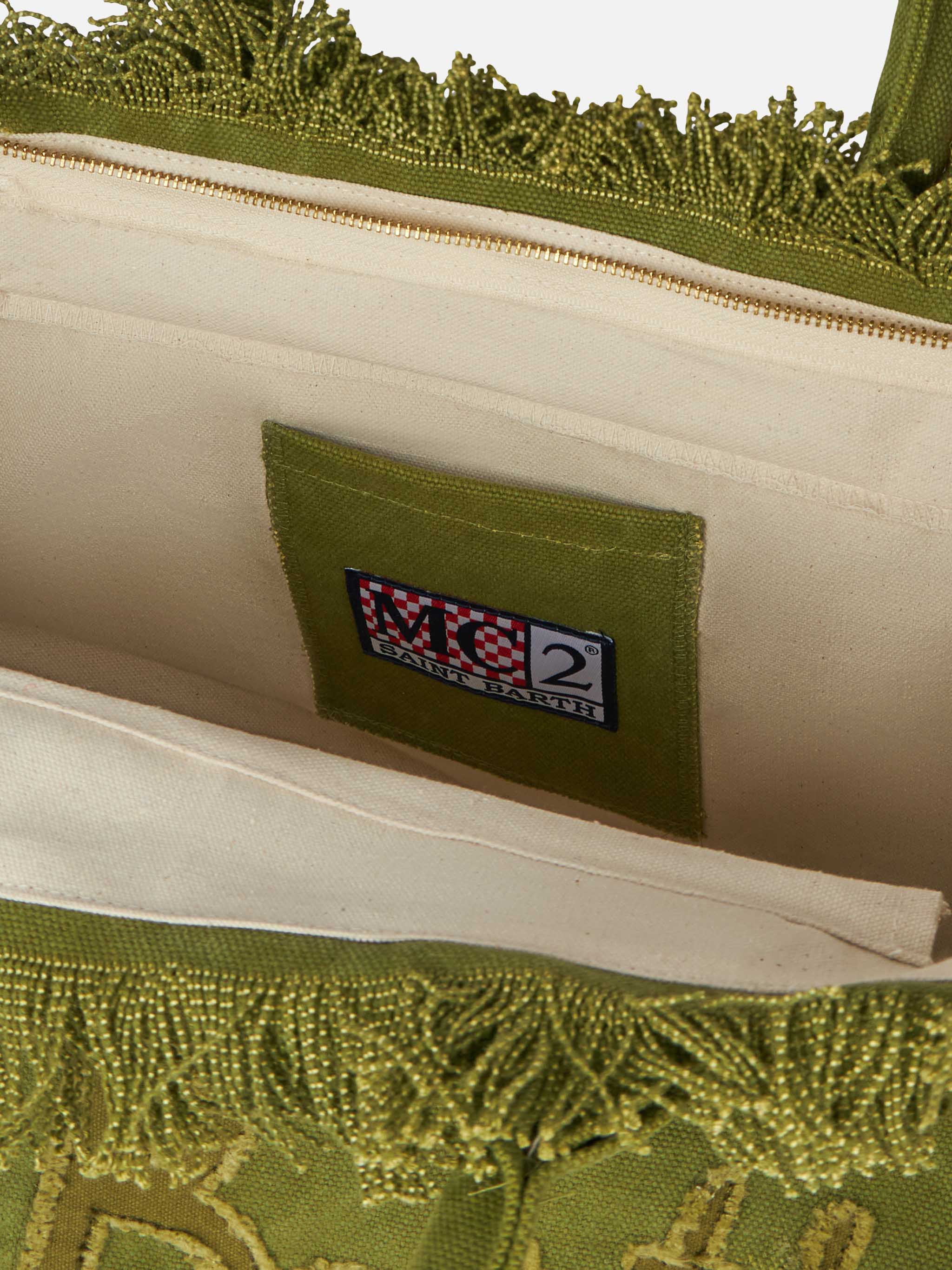 Military green cotton canvas Vanity tote bag with logo patch - Image 6