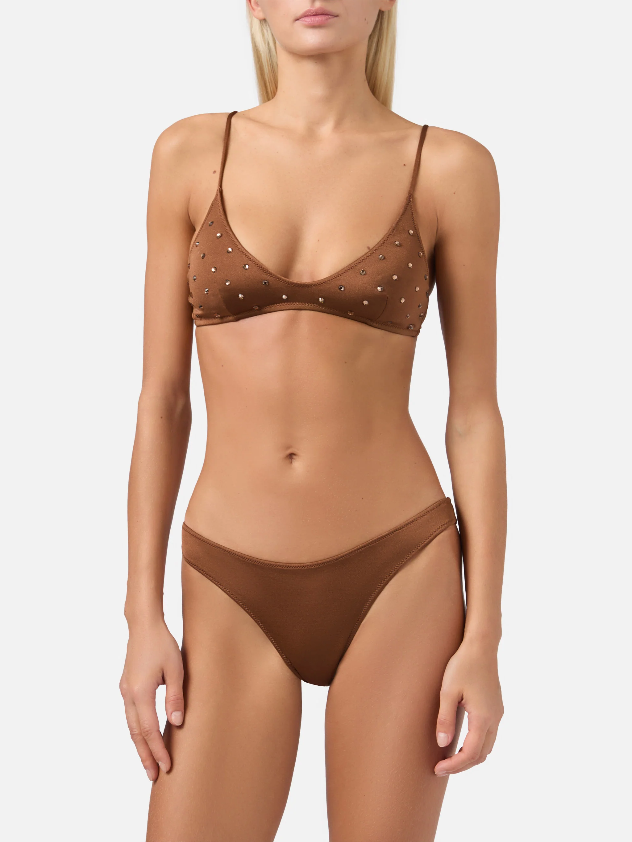 Paloma Naomi plunging bralette bikini in brown with rhinestone embellishments - Image 2