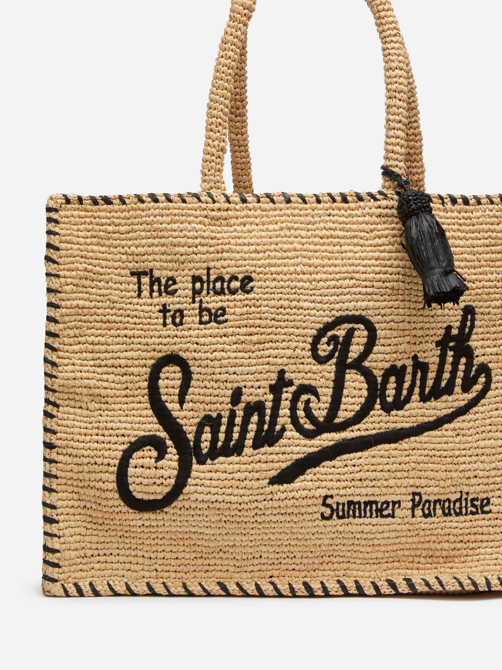 Natural beige Vanity Raffia shoulder bag with black trim - Image 3