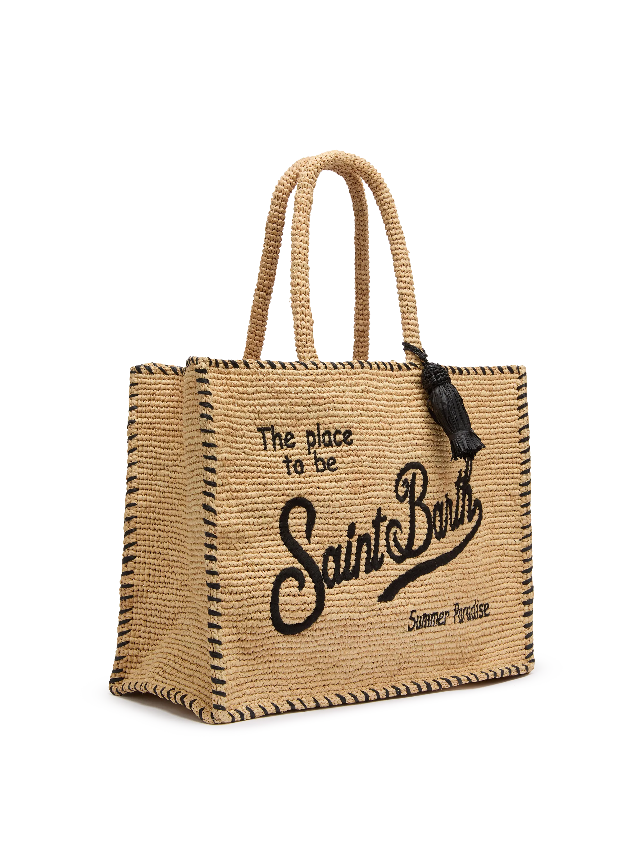 Natural beige Vanity Raffia shoulder bag with black trim - Image 4