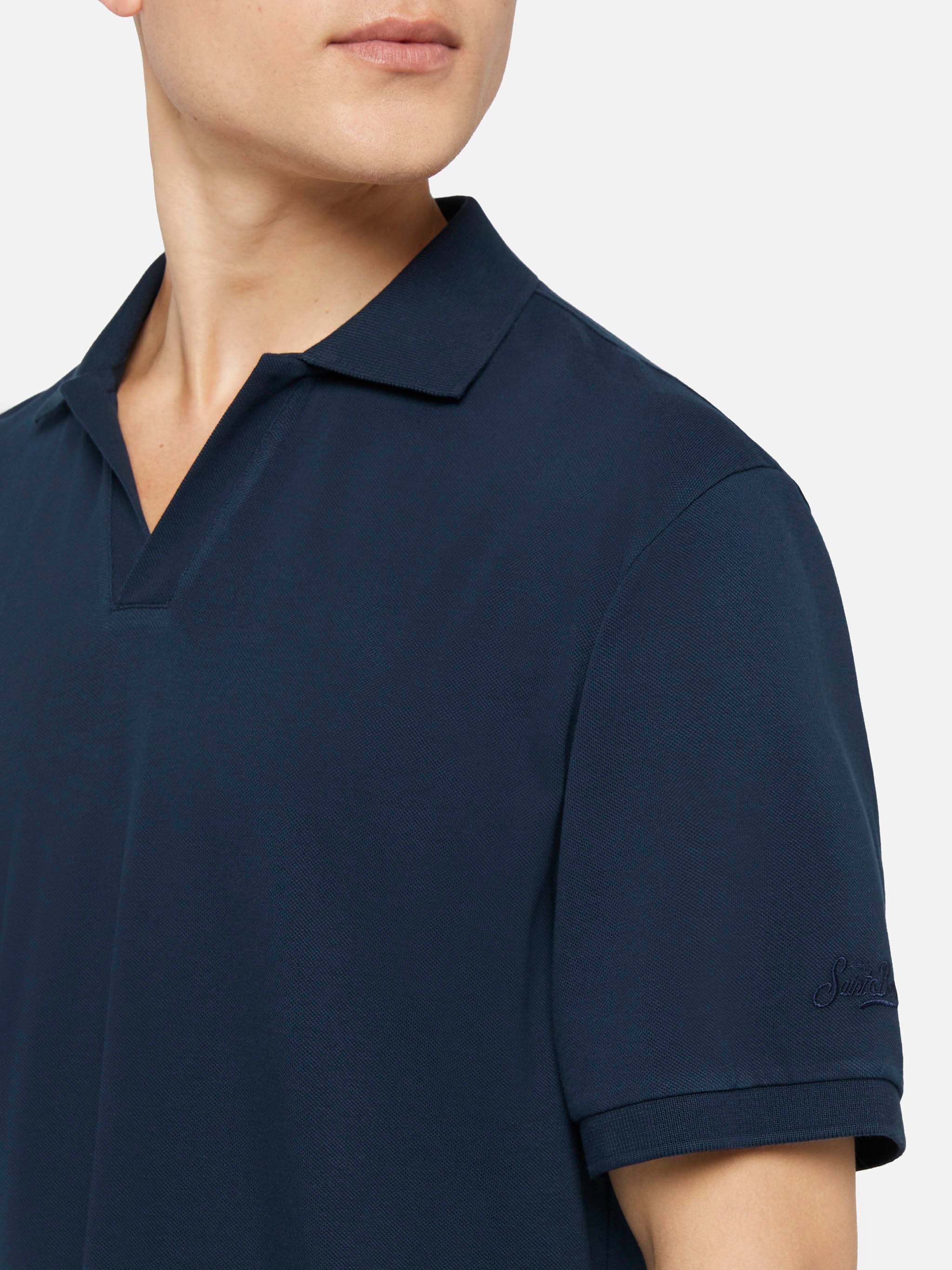Navy blue cotton piquet buttonless polo shirt Charles - Image 2