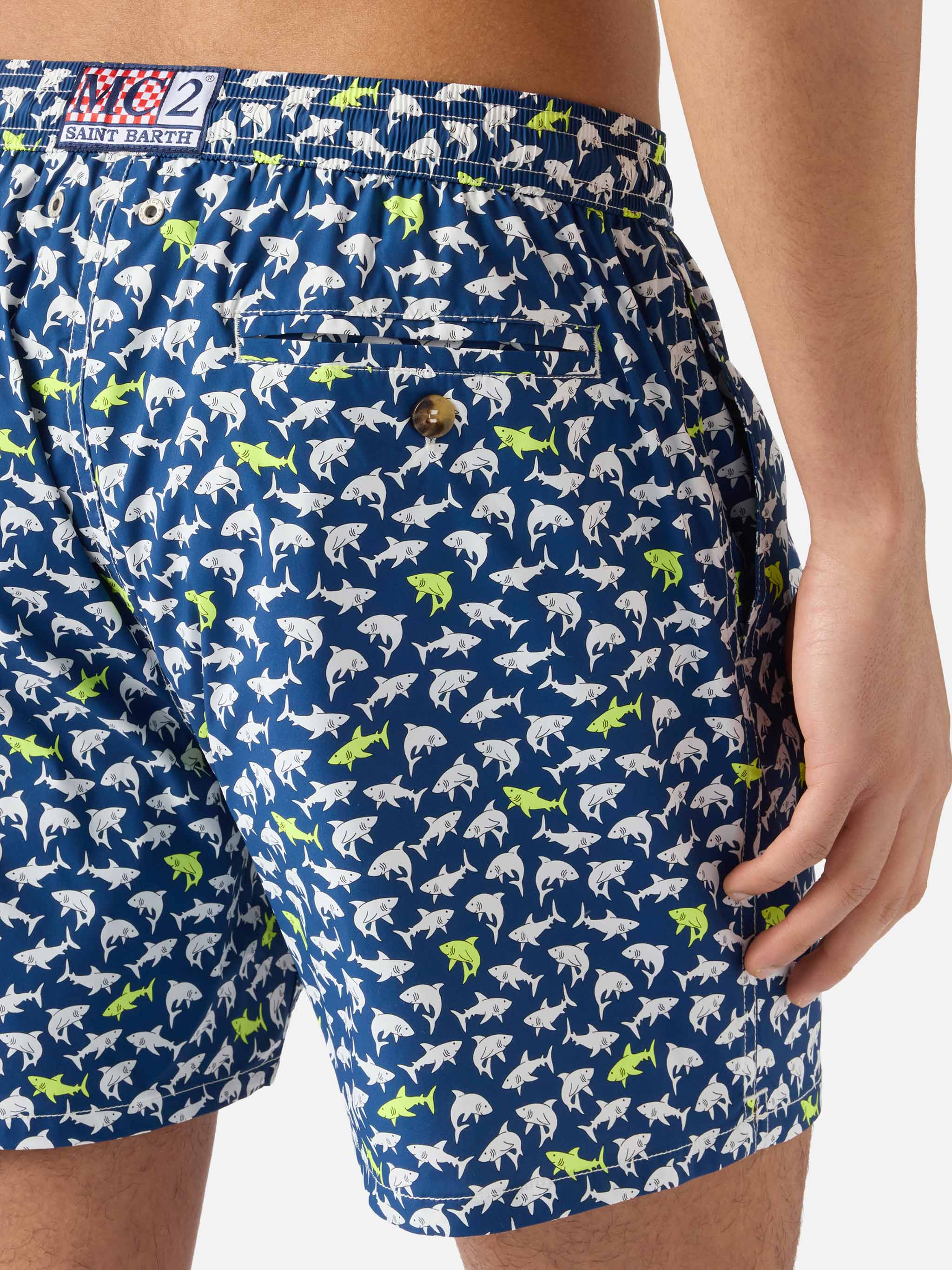 Navy blue Lighting Micro swim shorts with all-over shark print - Image 6