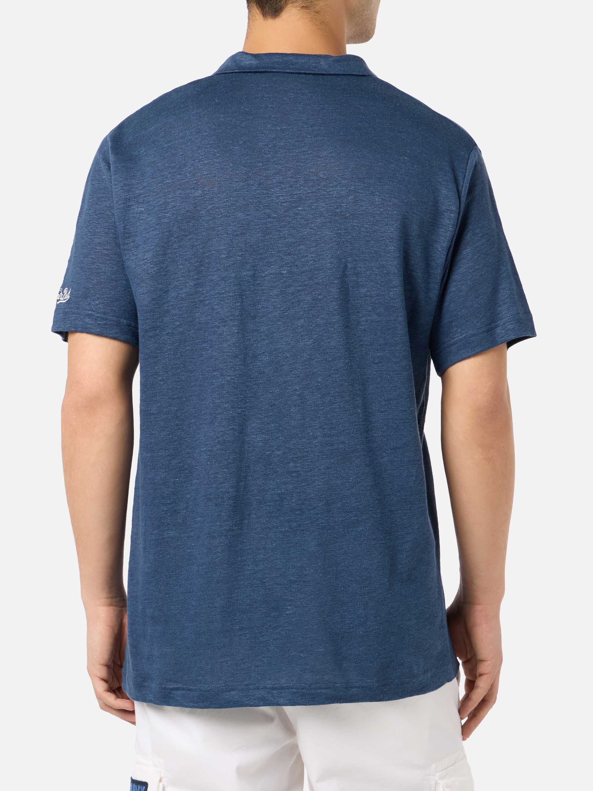 Navy blue linen buttonless polo shirt Fraser - Image 3