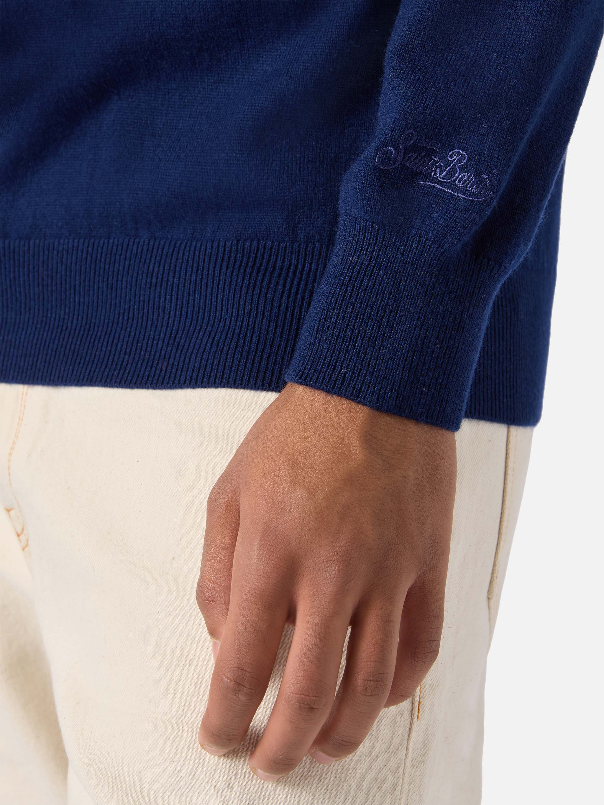 Half-zip sweater in navy blue merino wool and cashmere - Image 4