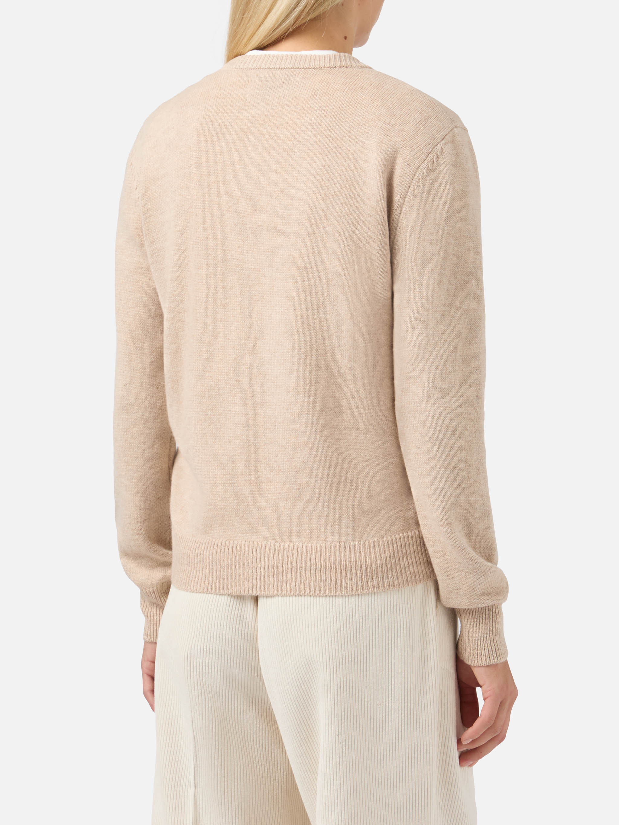 New Queen cashmere-blend sweater in beige with Courma postcard jacquard - Image 3