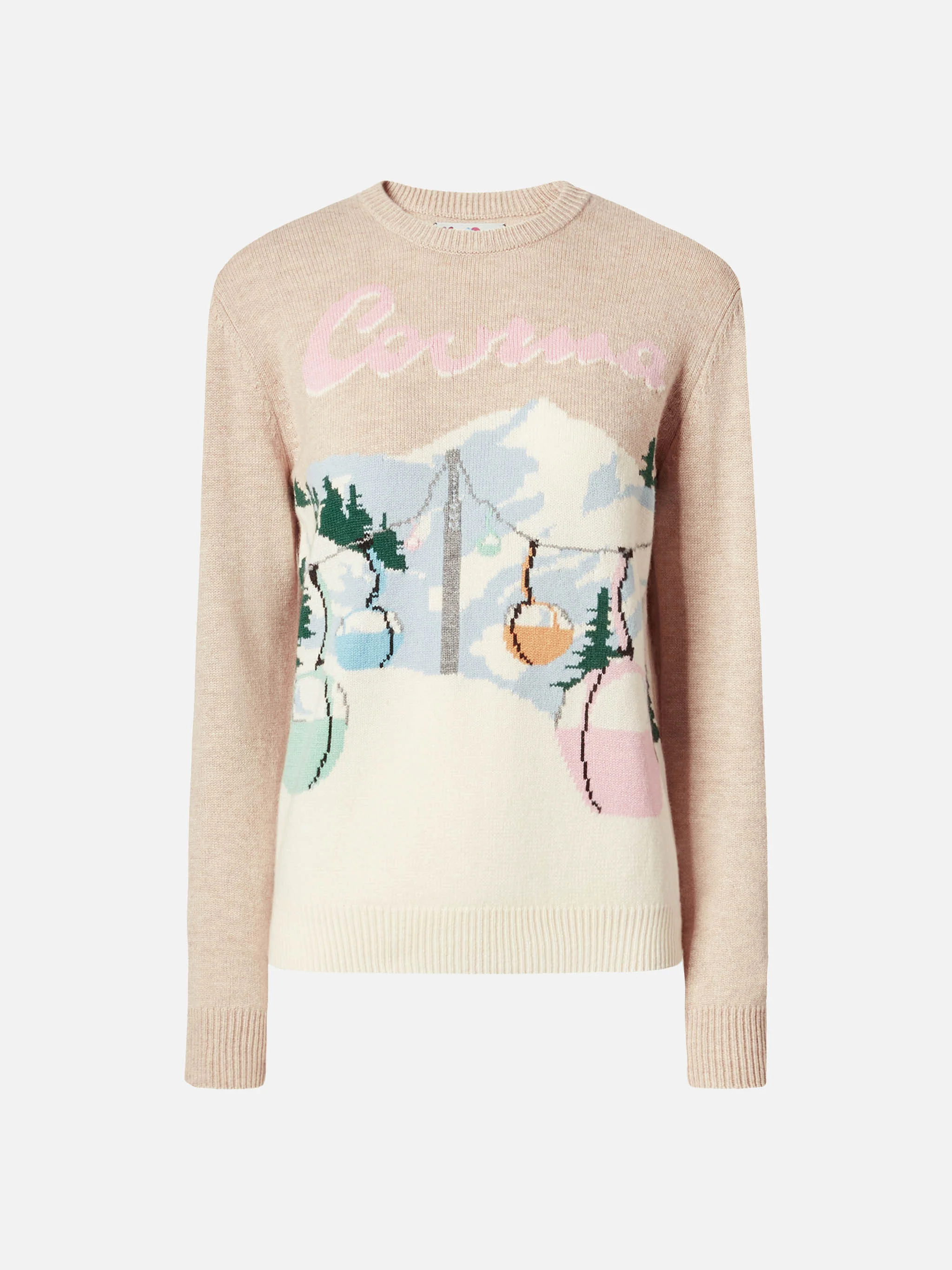 New Queen cashmere-blend sweater in beige with Courma postcard jacquard - Image 5