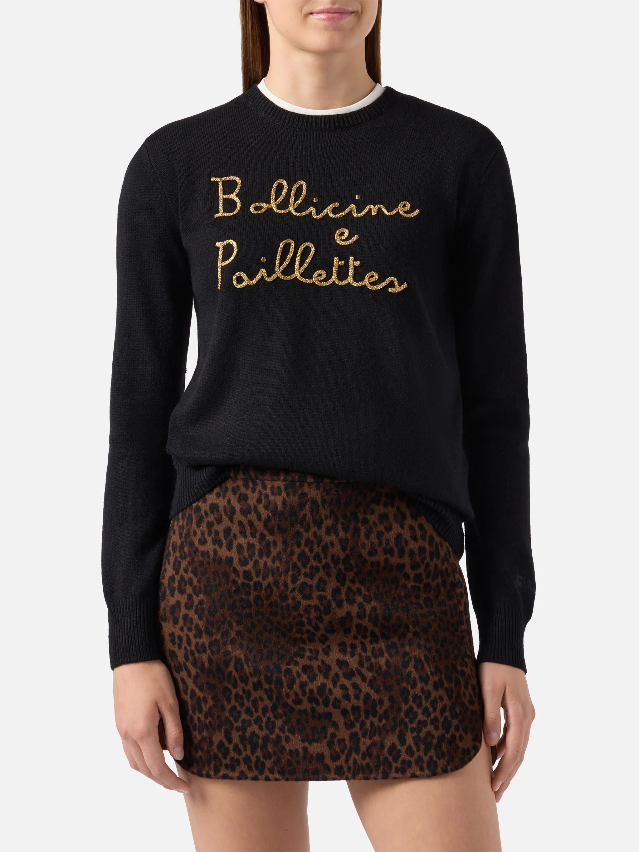 New Queen cashmere-blend sweater in black with Bollicine e Pailettes embroidery