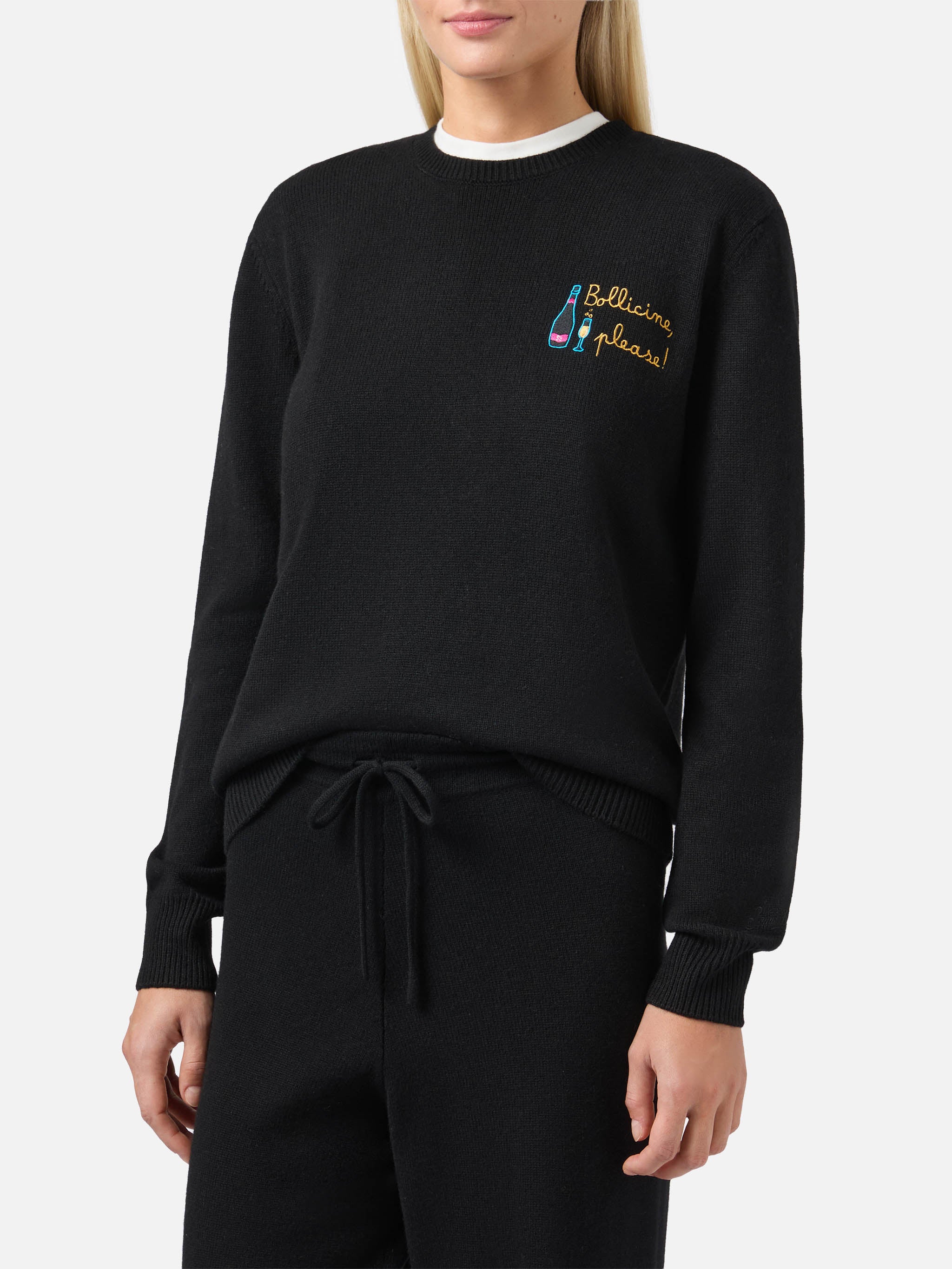 New Queen cashmere-blend sweater in black with Bollicine, please embroidery - Image 2