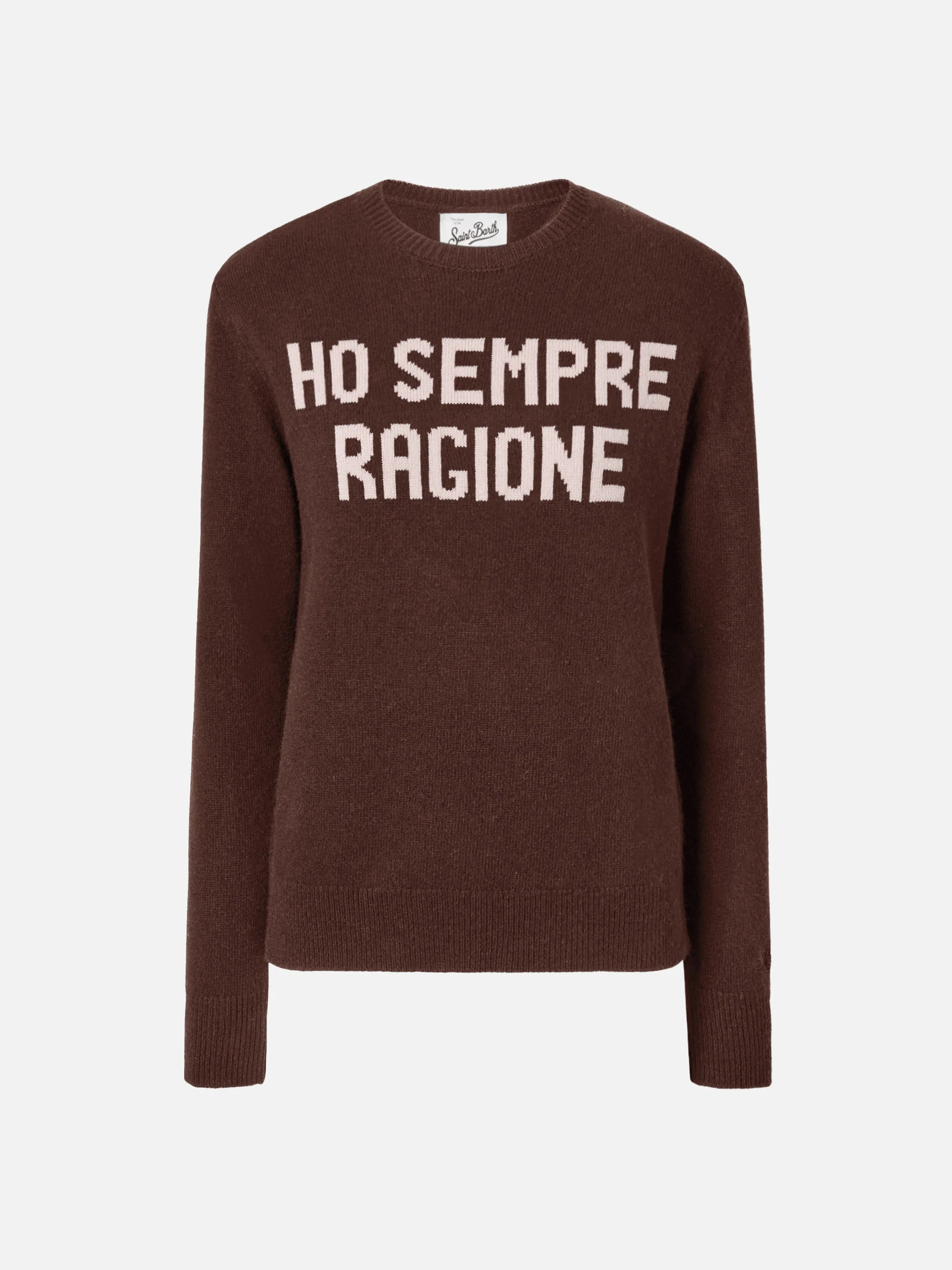 New Queen cashmere-blend sweater in brown with Ho sempre ragione jacquard - Image 5