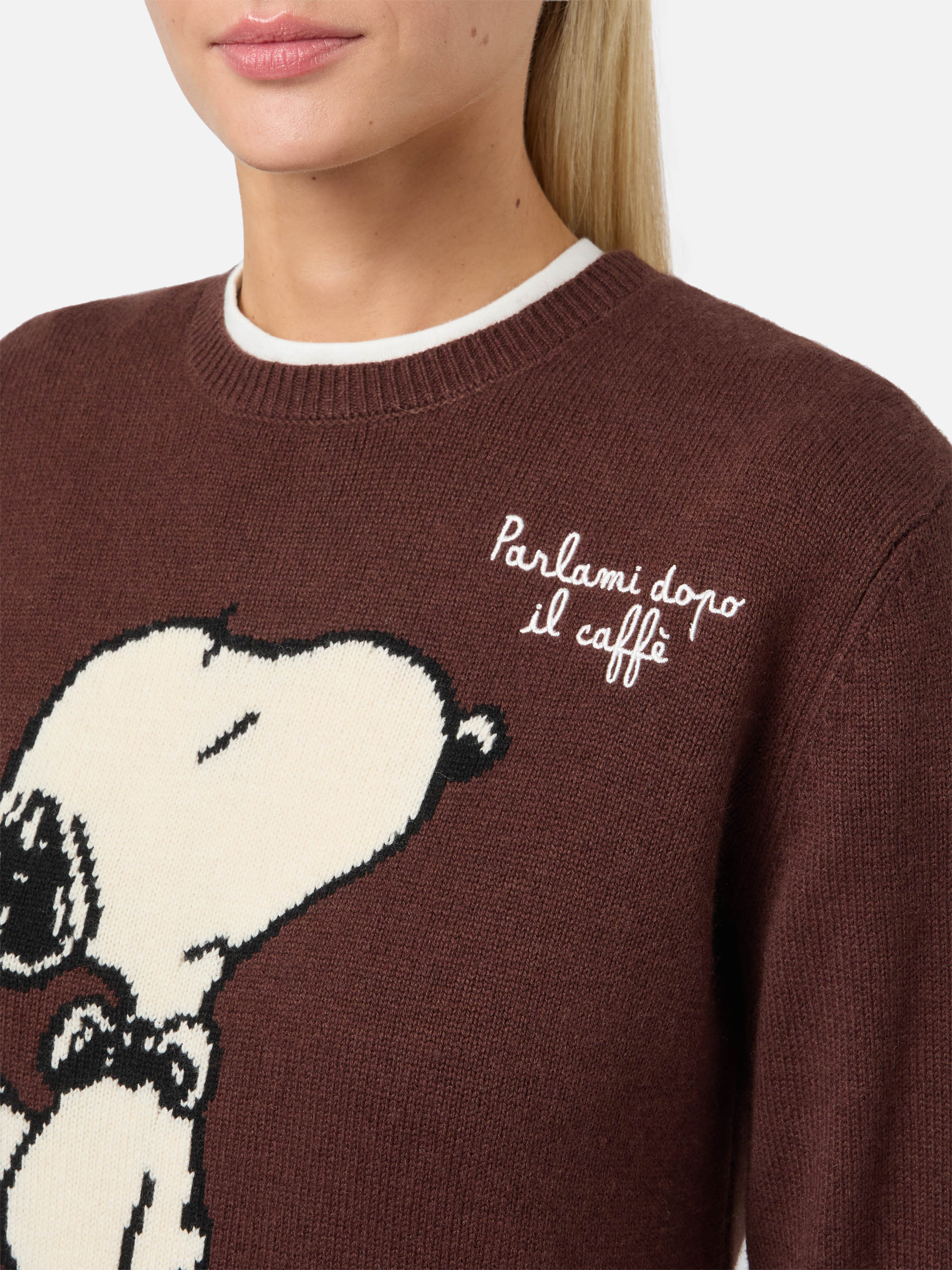 New Queen cashmere-blend sweater in brown with Snoopy jacquard and embroidery | PEANUTS SPECIAL EDITION - Image 2