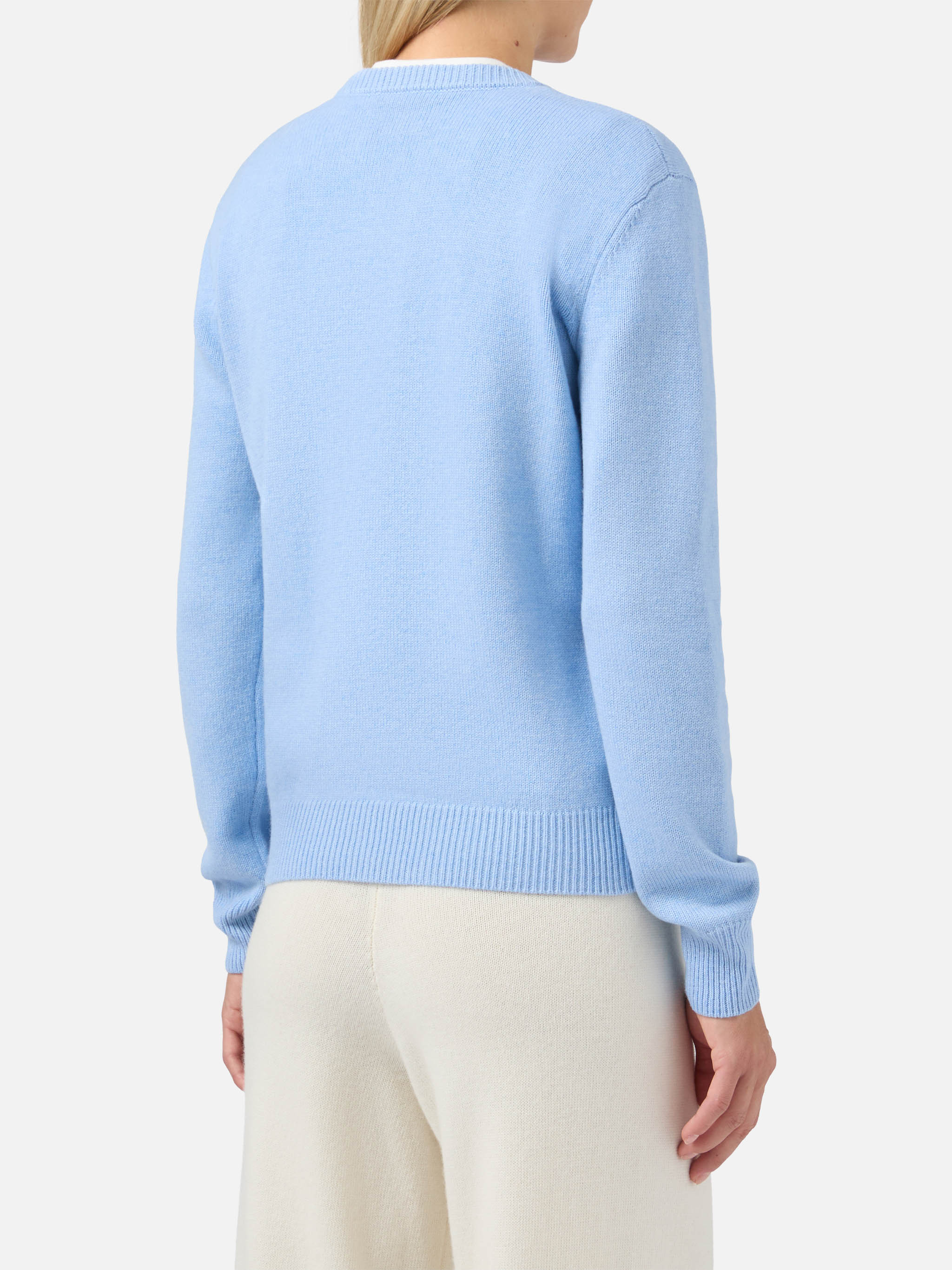 New Queen cashmere-blend sweater in light blue with Campiglio postcard jacquard - Image 3