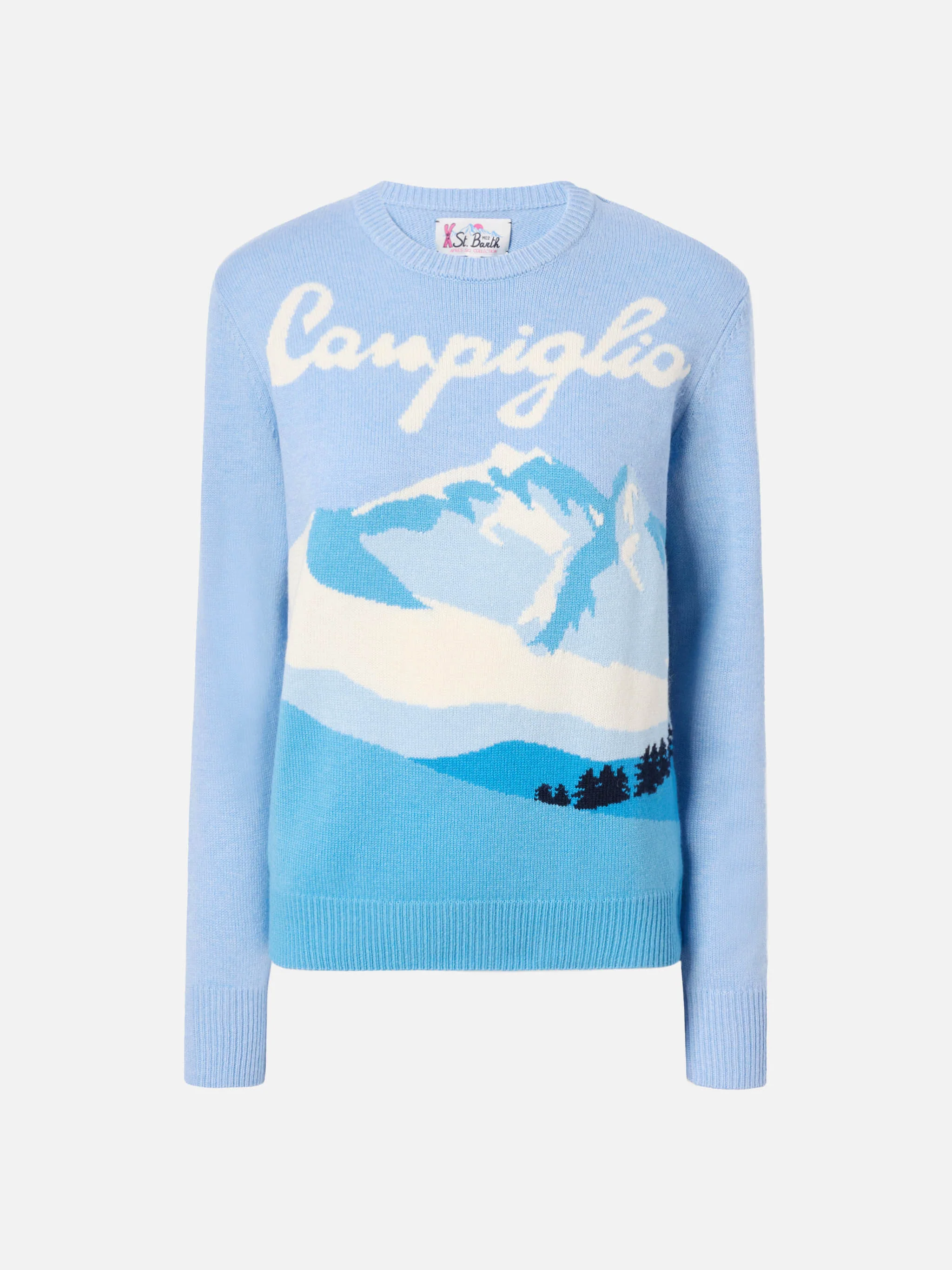 New Queen cashmere-blend sweater in light blue with Campiglio postcard jacquard - Image 5
