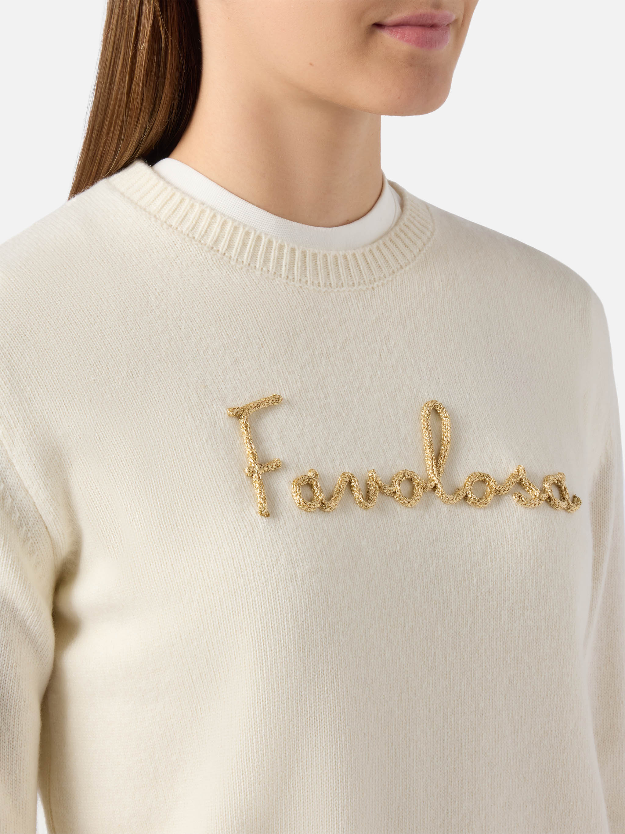 New Queen cashmere-blend sweater in white with Favolosa lurex embroidery - Image 2