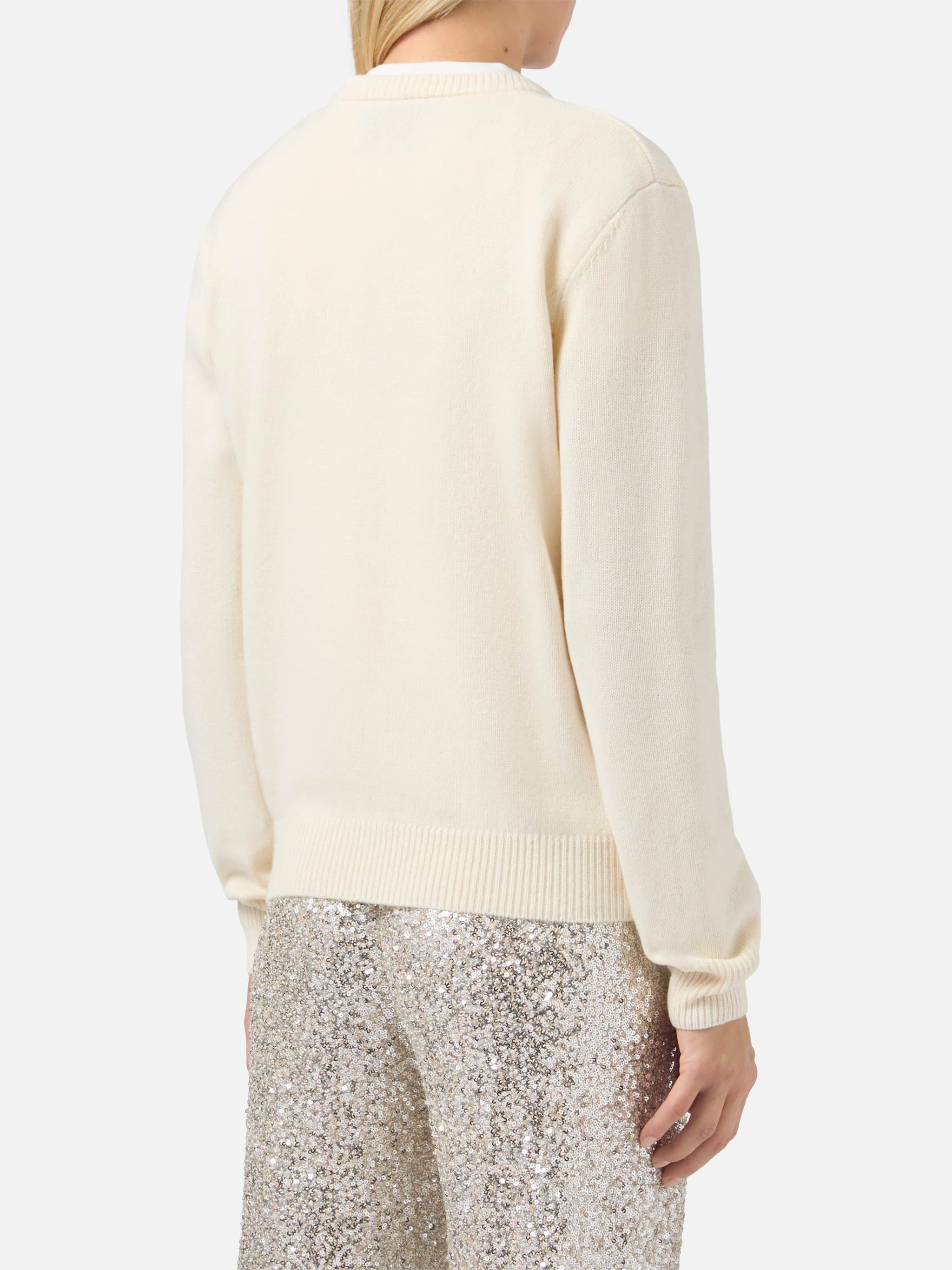 New Queen cashmere-blend sweater in white with postcard jacquard and embroidery - Image 3