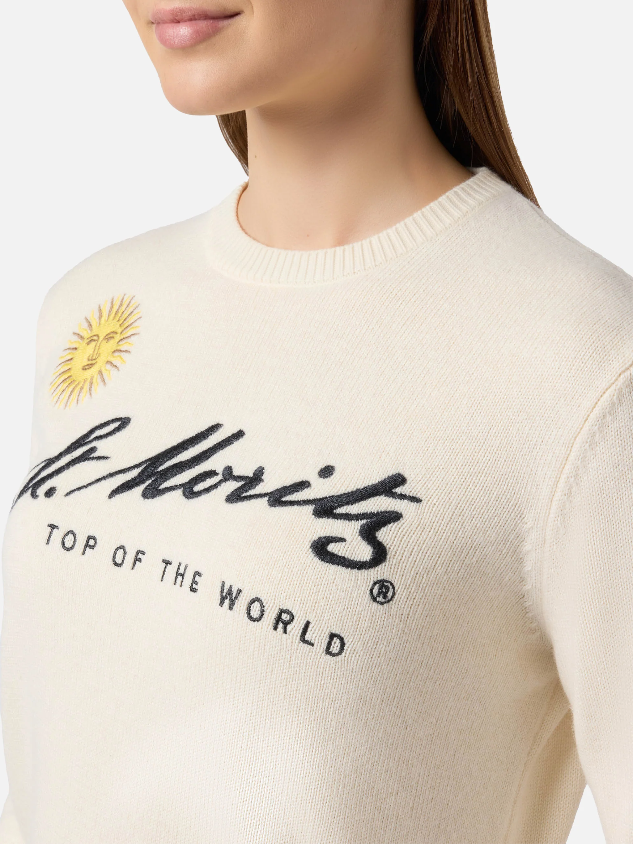 New Queen cashmere-blend sweater in white with St. Moritz embroidery | ST. MORITZ TOP OF THE WORLD SPECIAL EDITION - Image 2