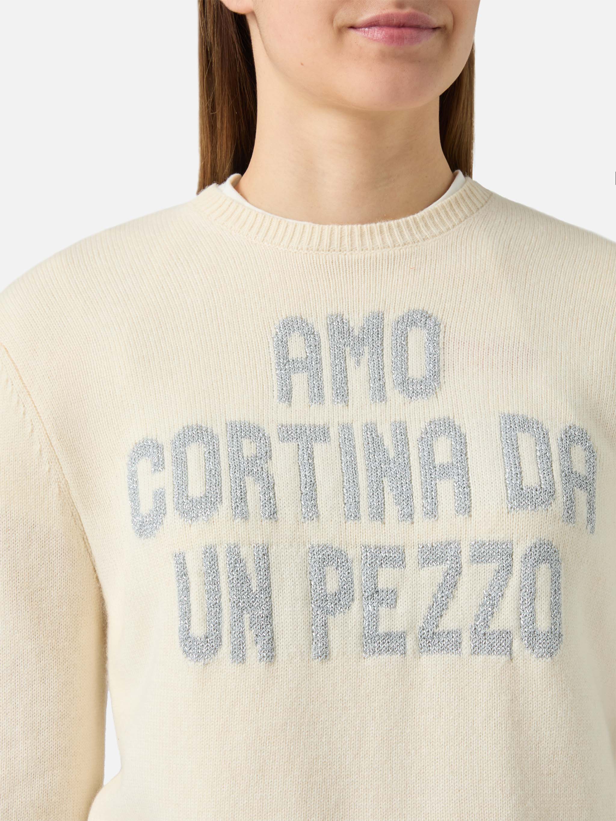 New Queen crewneck in white with Amo Cortina da un pezzo lurex jacquard - Image 2
