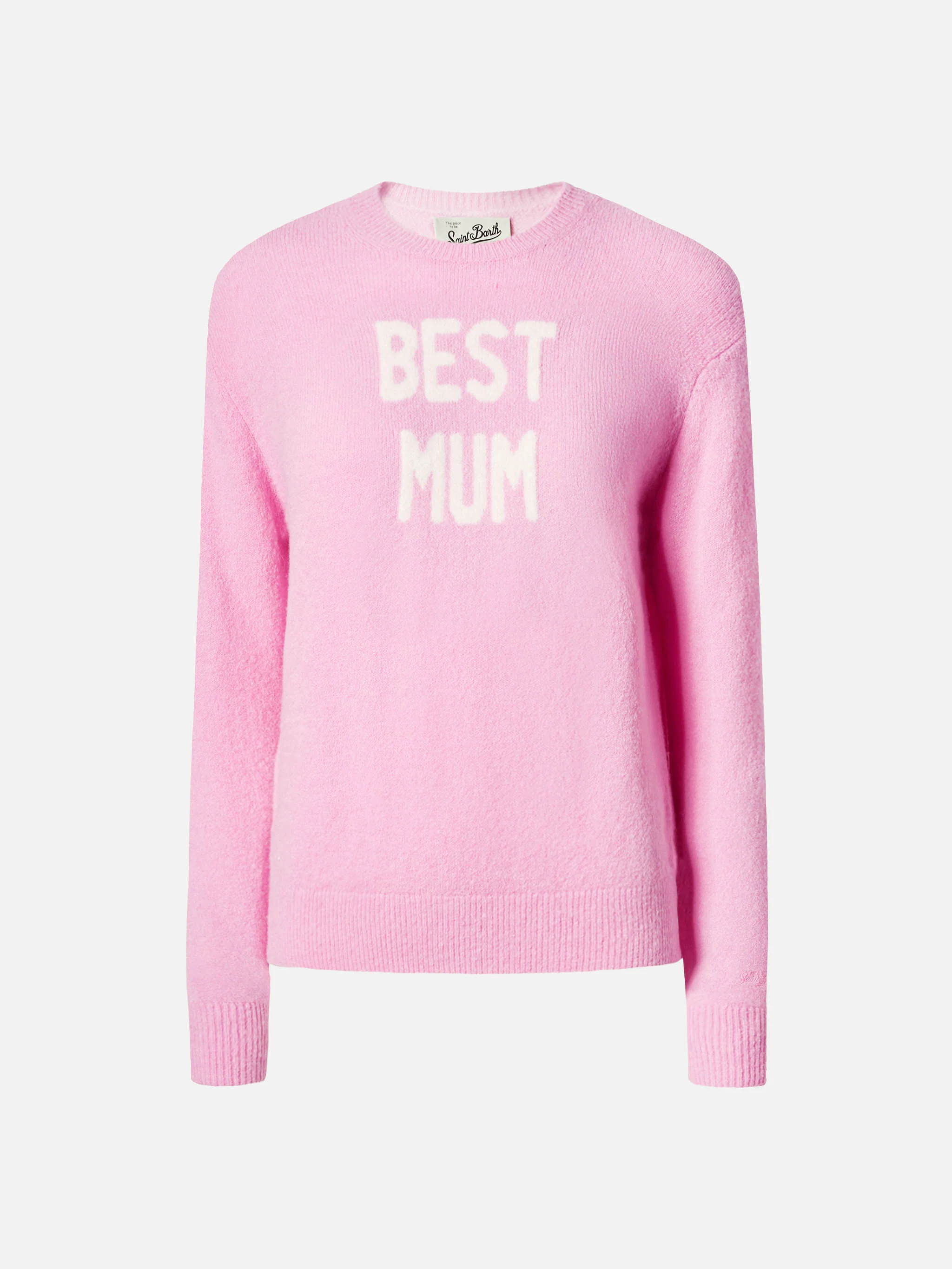 New Queen stretch sweater in merino-wool and alpaca blend in pink with Best Mum jacquard - Image 3