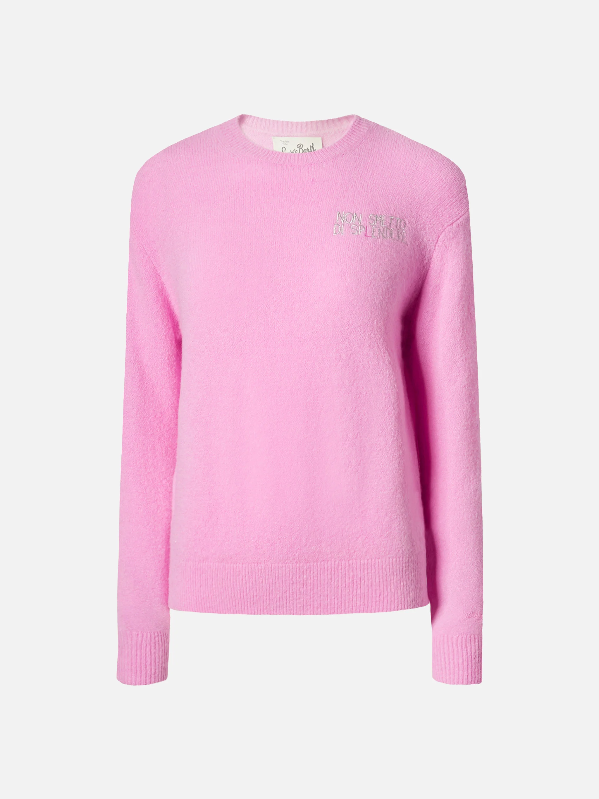 New Queen stretch sweater in merino-wool and alpaca blend in pink with Non smetto di sp(l)endere embroidery - Image 5