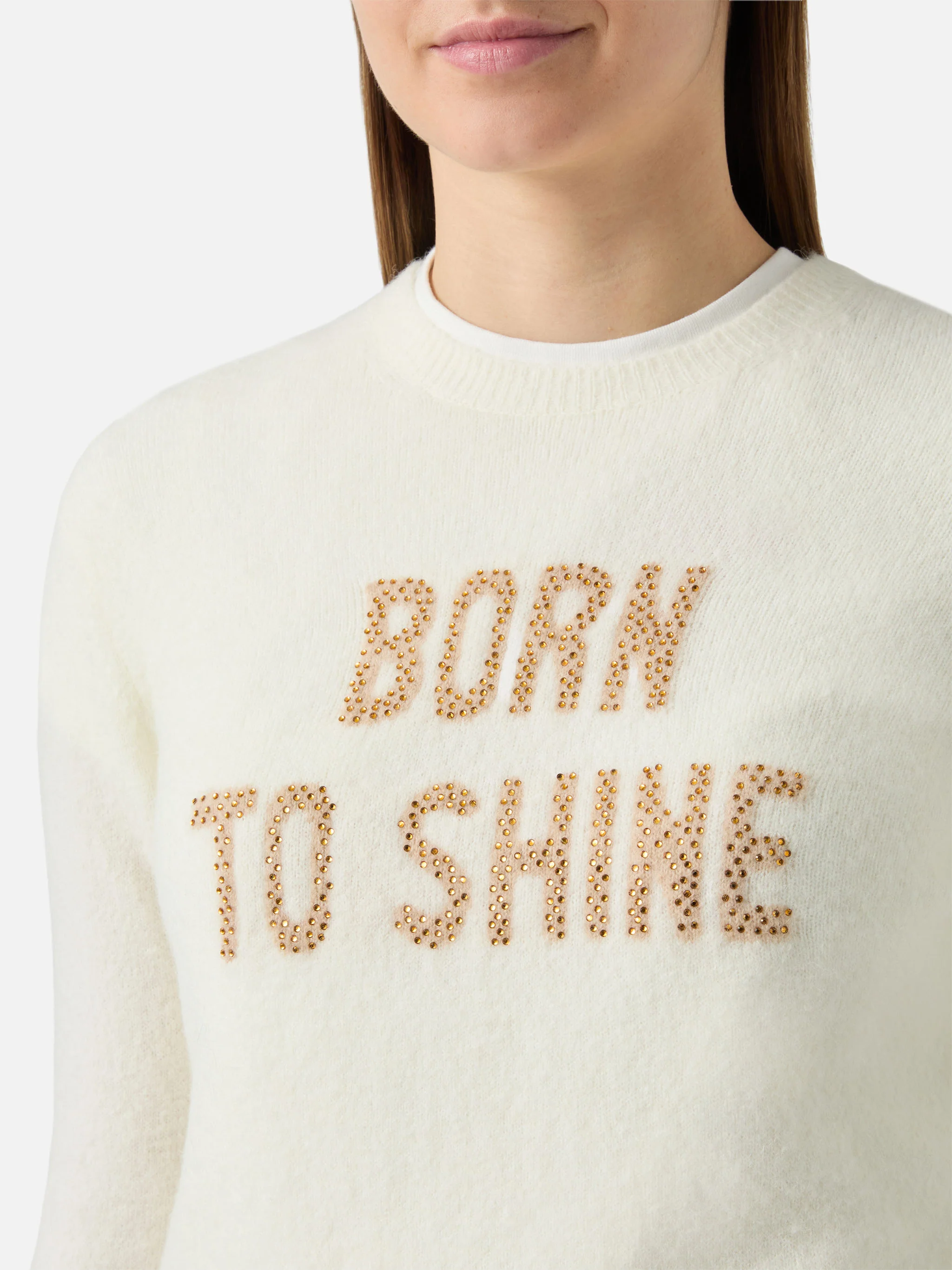 New Queen stretch sweater in merino-wool and alpaca blend in white with Born to Shine rhinestone appliqué - Image 3