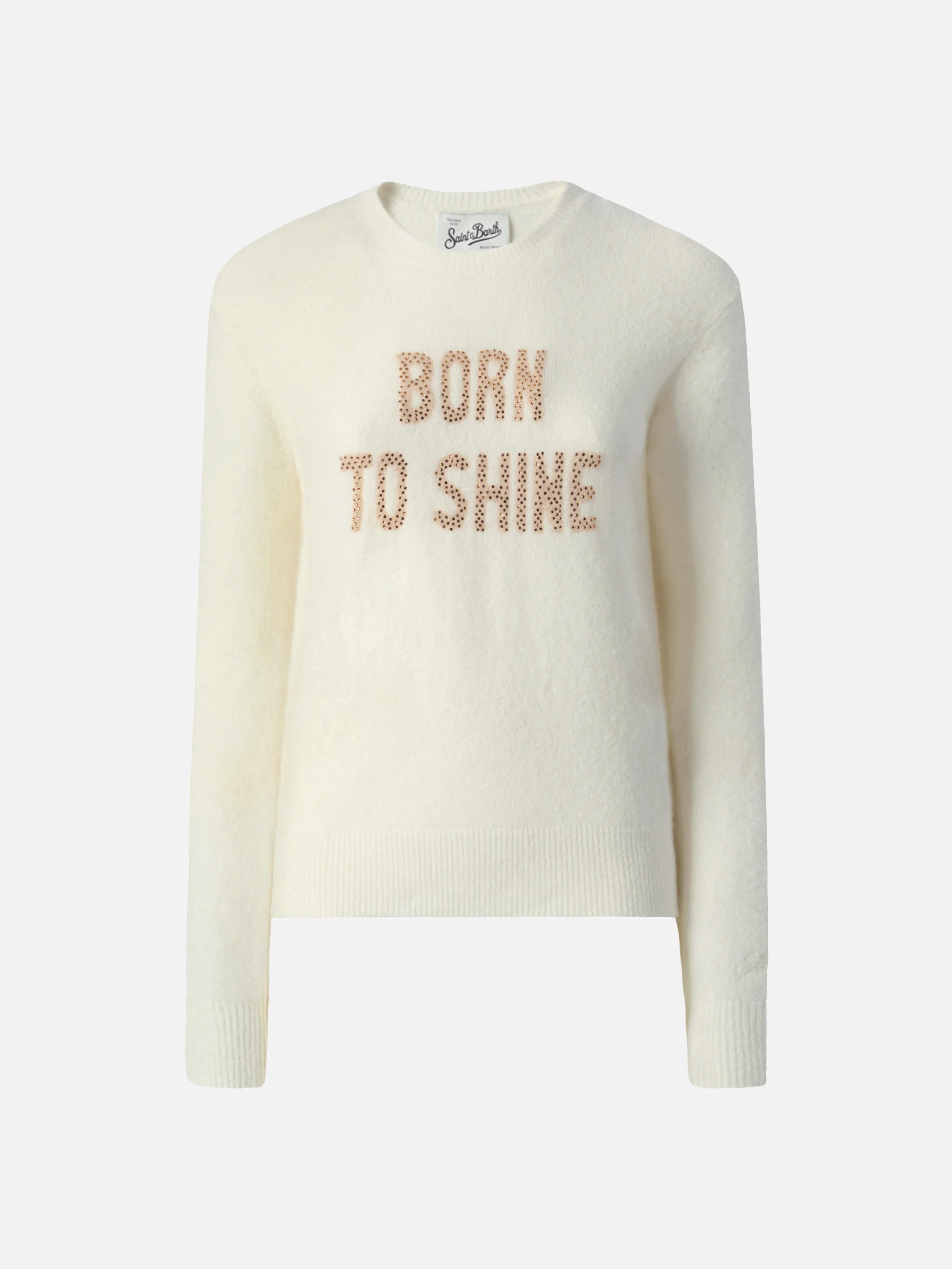 New Queen stretch sweater in merino-wool and alpaca blend in white with Born to Shine rhinestone appliqué - Image 5