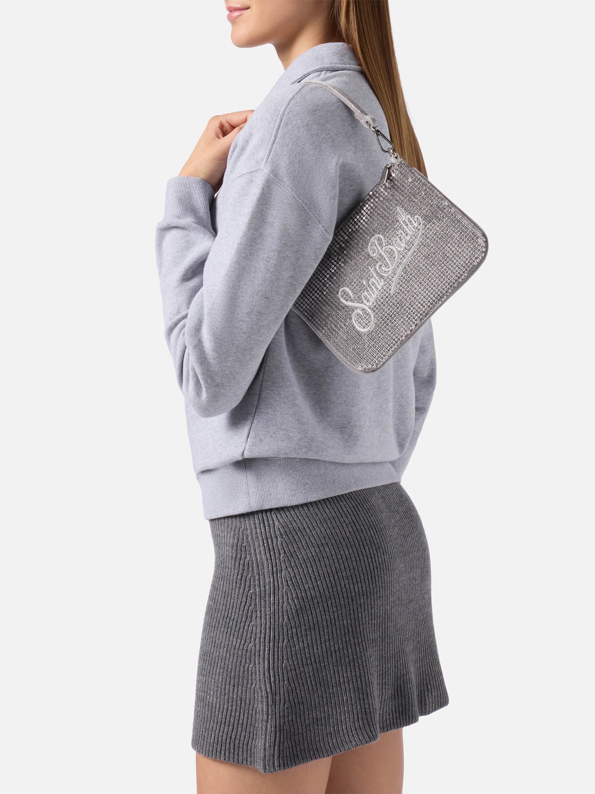 Parisienne Mini Shoulder Bag in gray velvet with sequins - Image 2