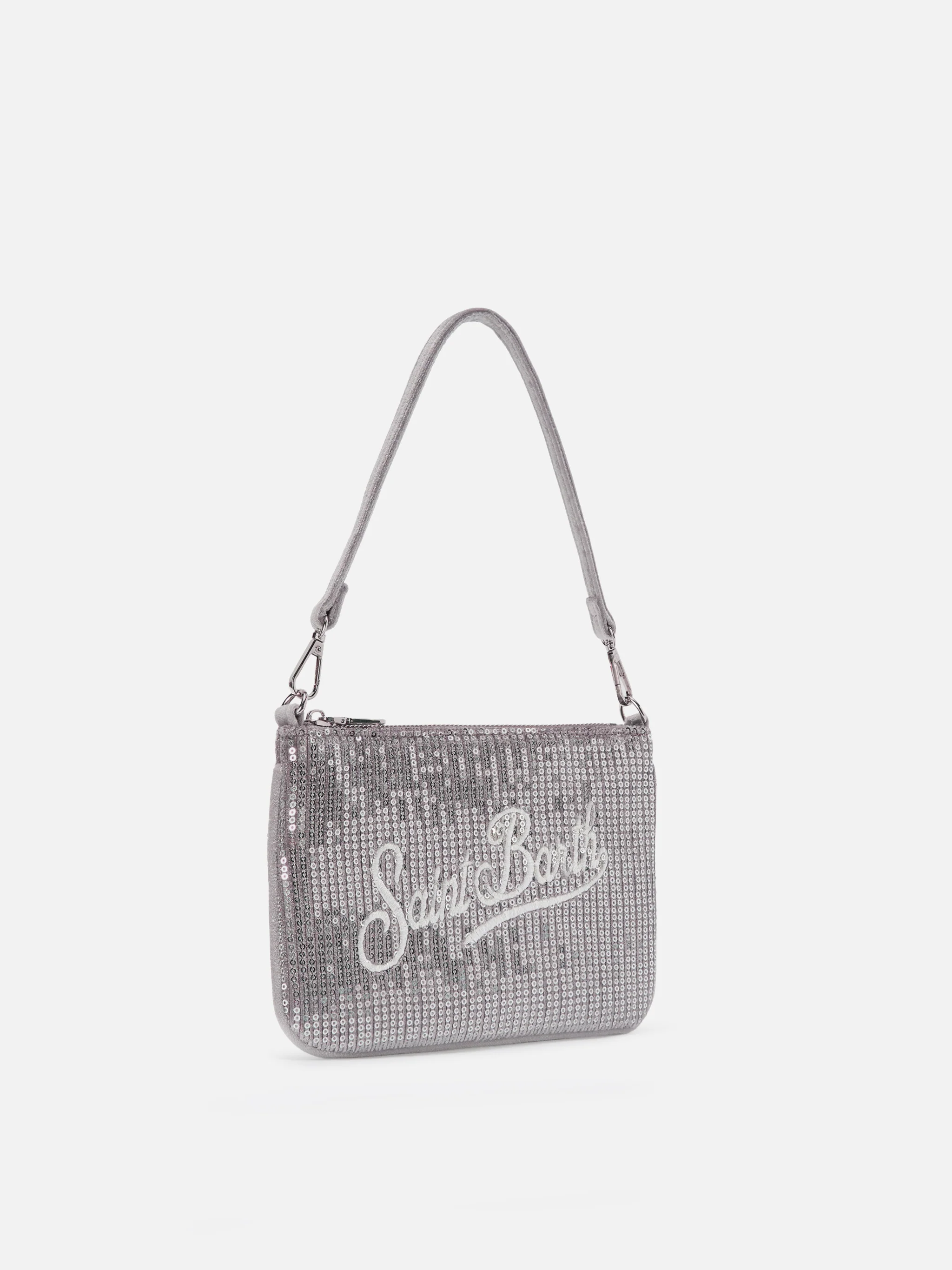 Parisienne Mini Shoulder Bag in gray velvet with sequins - Image 3