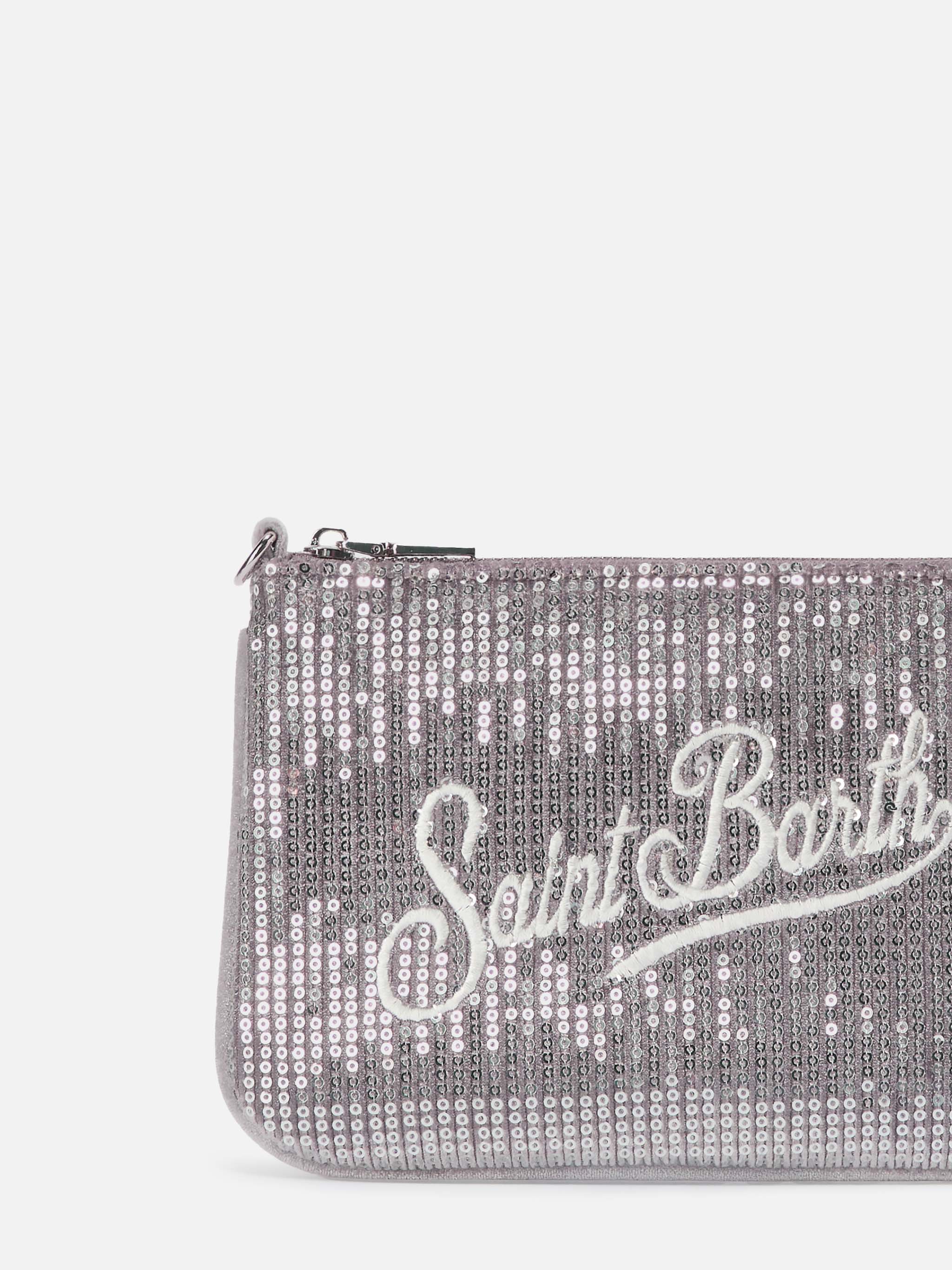 Parisienne Mini Shoulder Bag in gray velvet with sequins - Image 4