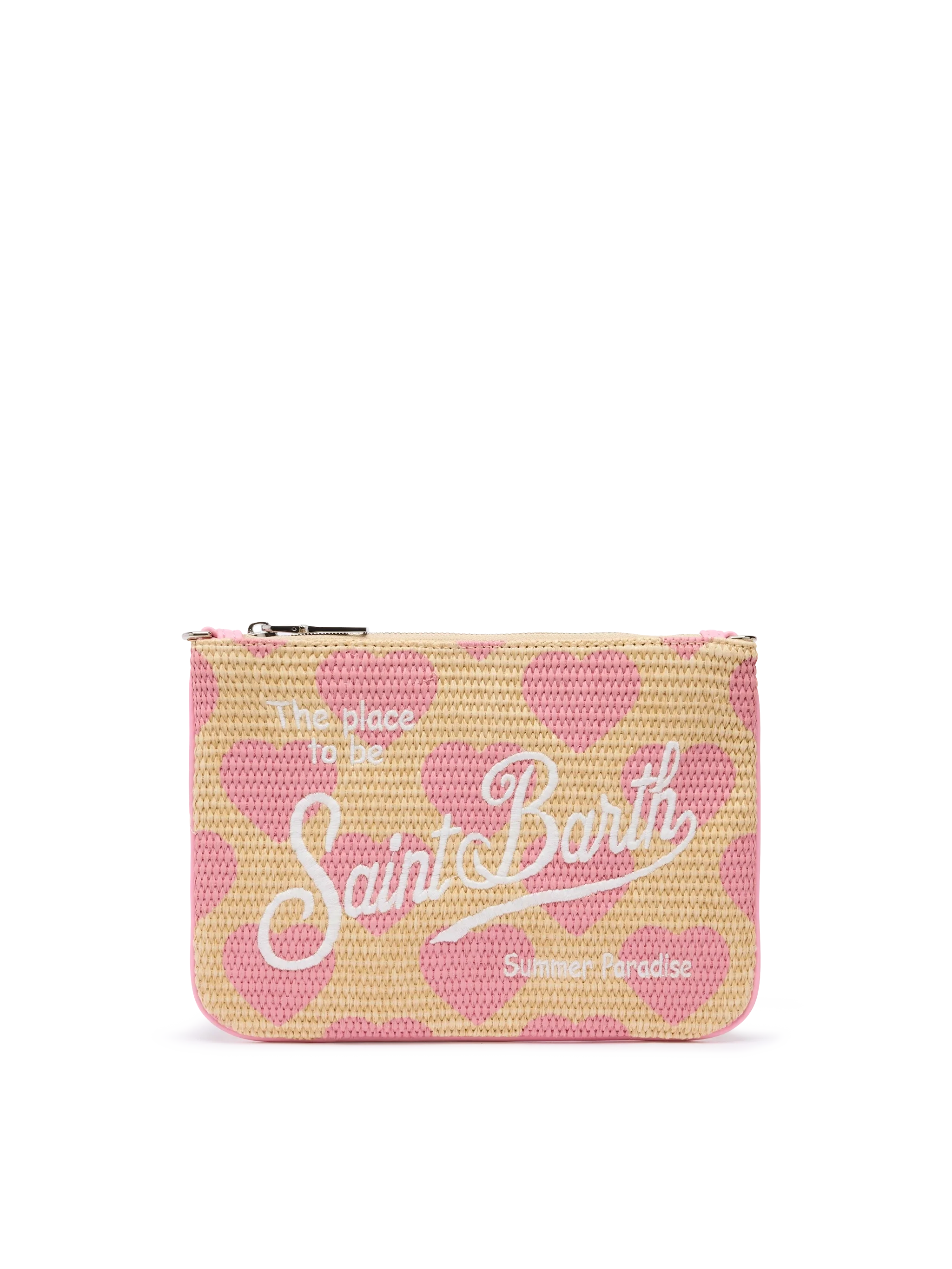 Parisienne Straw effect pouch bag with hearts print