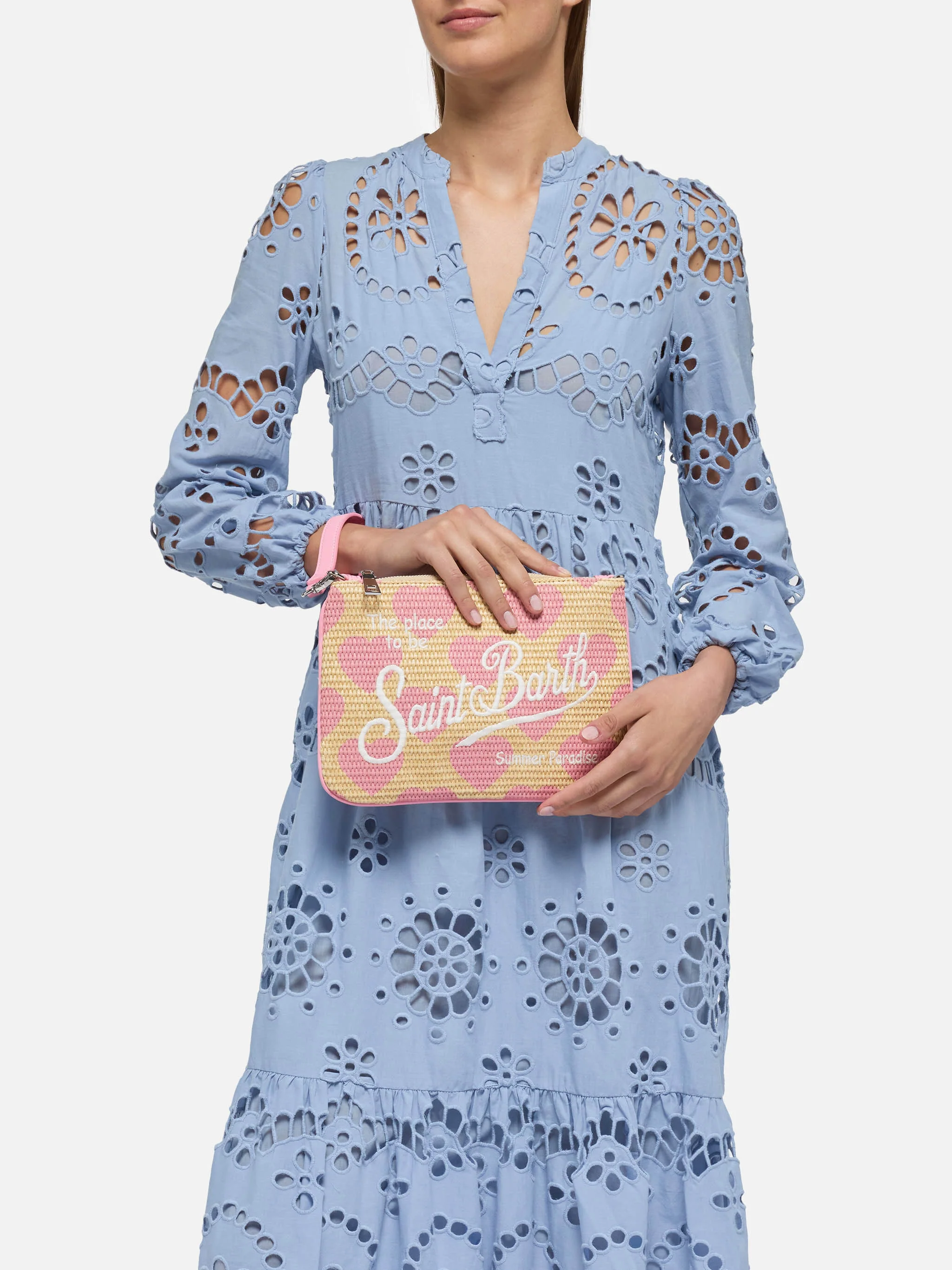Parisienne Straw effect pouch bag with hearts print - Image 2